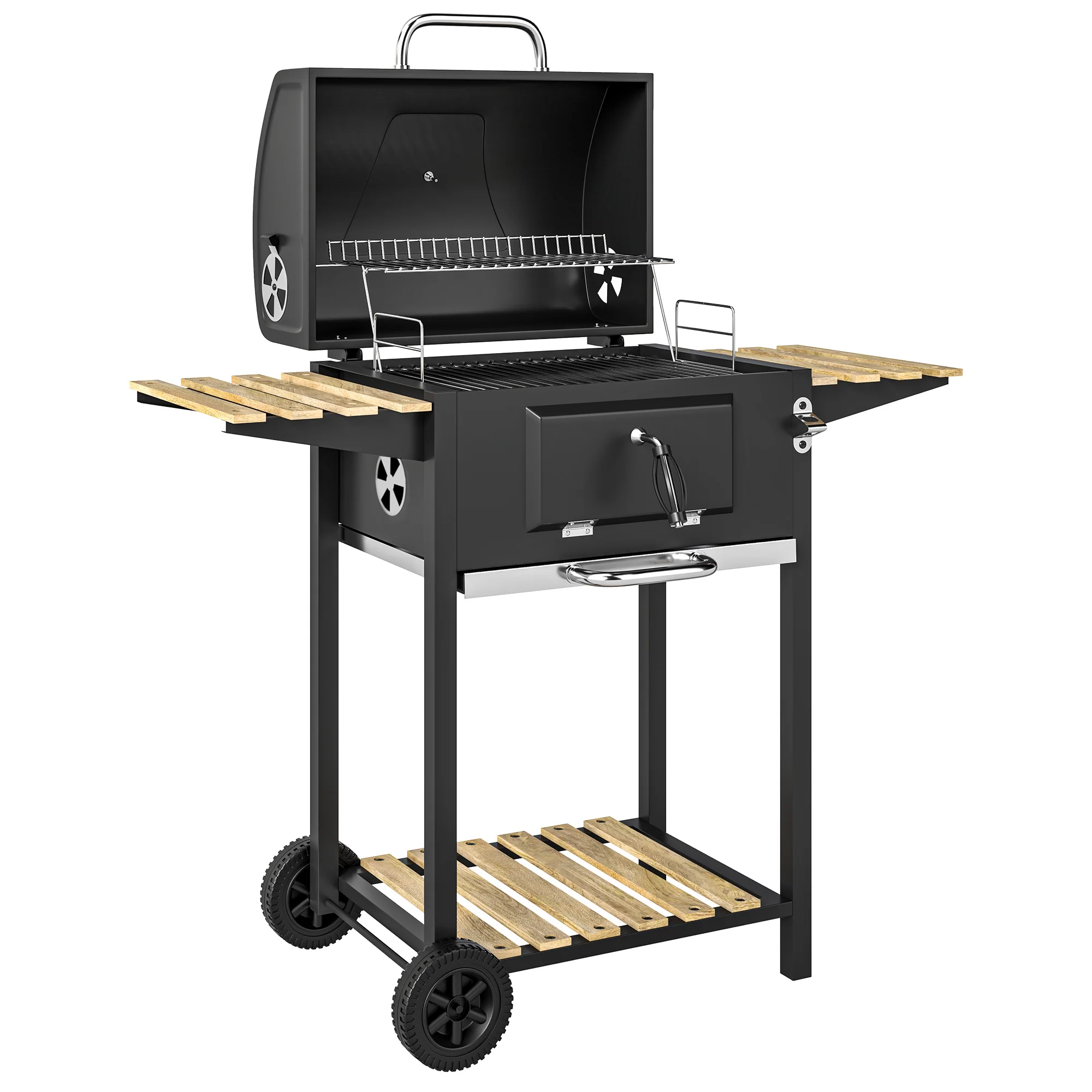 Charcoal BBQ Grill with Height Adjustable Charcoal Pan, Barbecue Smoker with Warming Rack, 3 Shelves, Temperature Gauge, Wheels, Bottle Opener for Outdoor Cooking Garden Party - Image 12