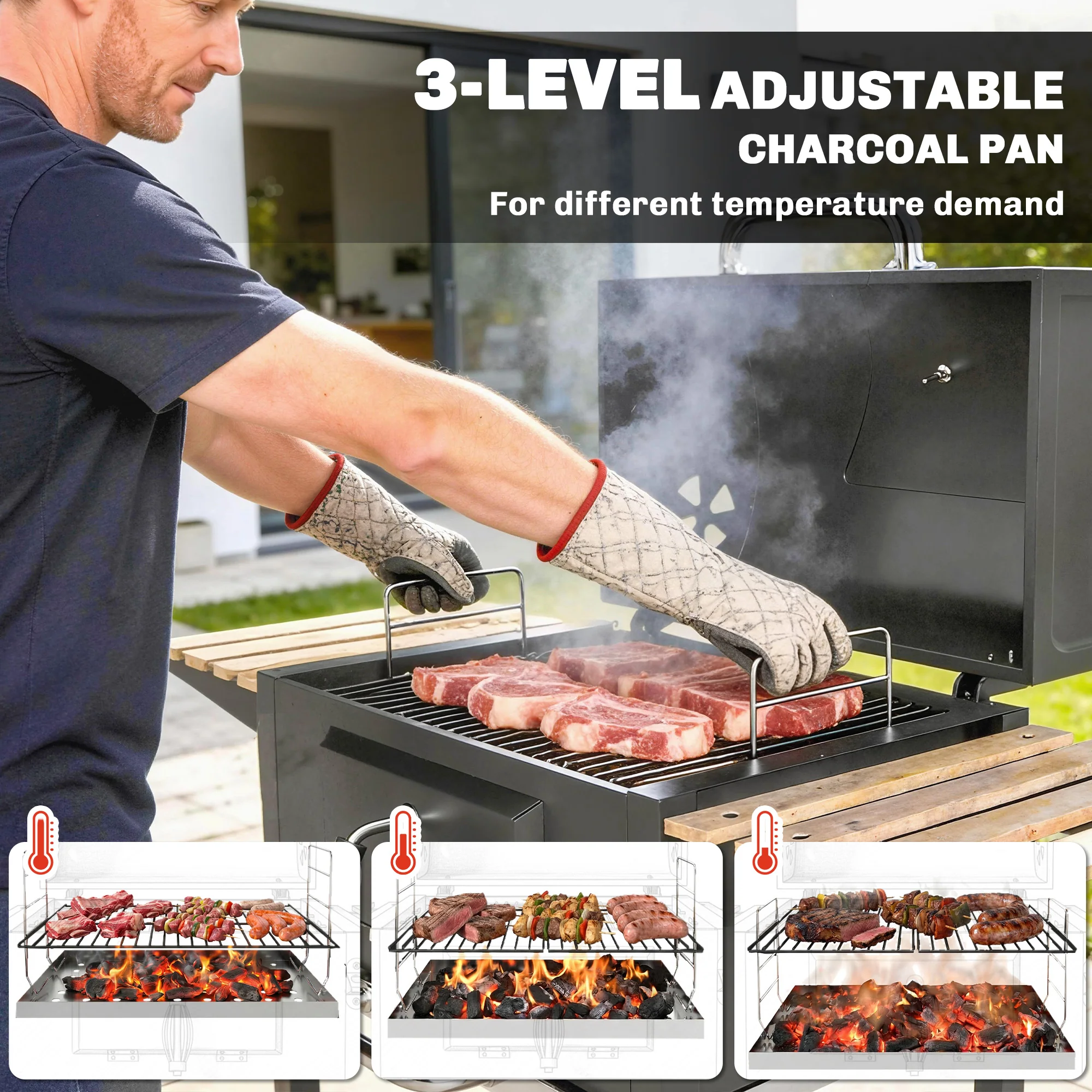 Charcoal BBQ Grill with Height Adjustable Charcoal Pan, Barbecue Smoker with Warming Rack, 3 Shelves, Temperature Gauge, Wheels, Bottle Opener for Outdoor Cooking Garden Party - Image 7