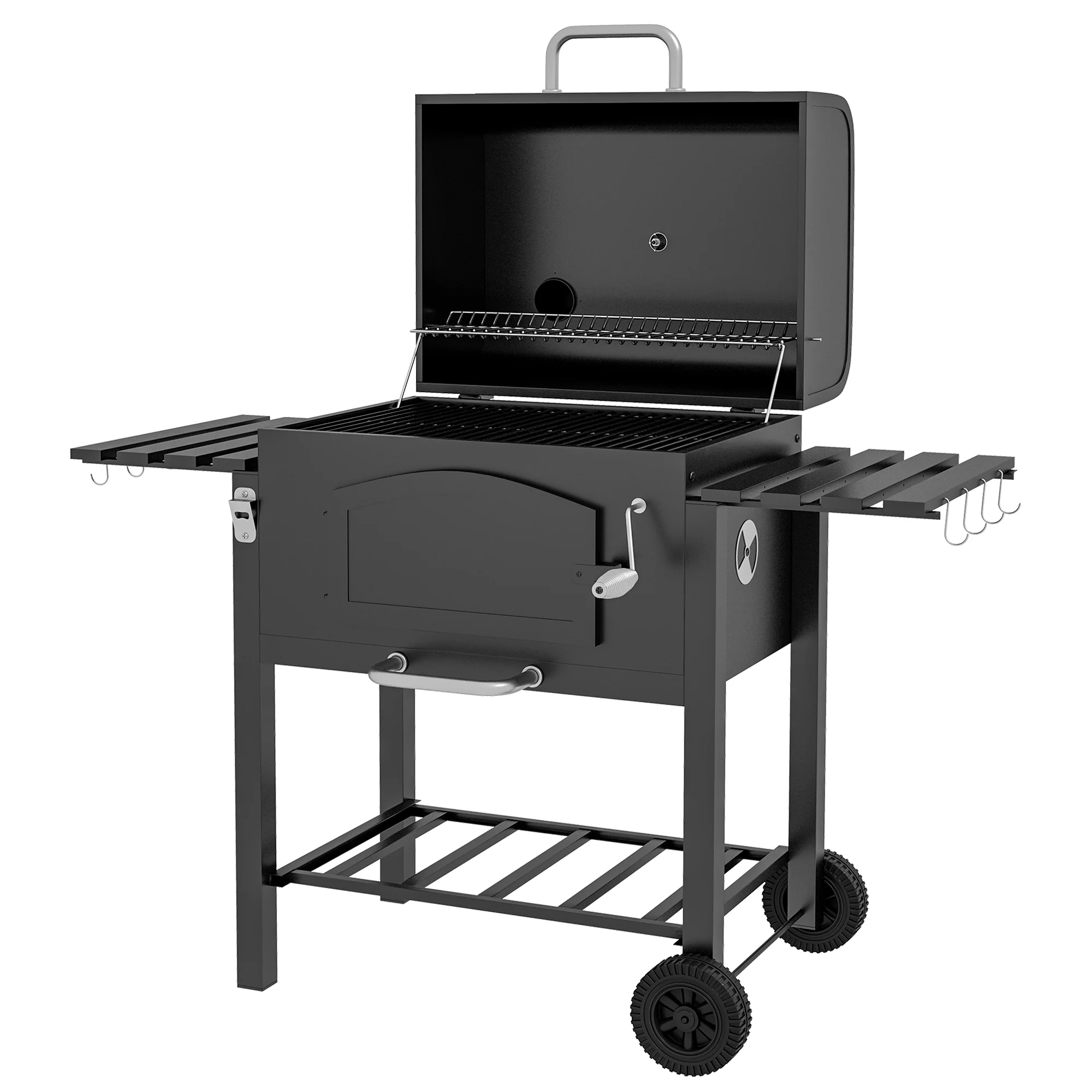 Charcoal Barbecue Grill Trolley with Folding Shelves, Thermometer on Lid, Black - Image 2