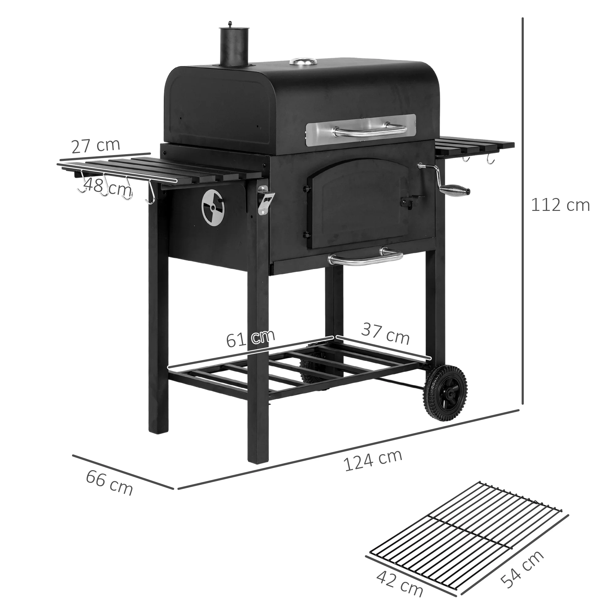 Charcoal Barbecue Grill Trolley with Folding Shelves, Thermometer on Lid, Black - Image 5