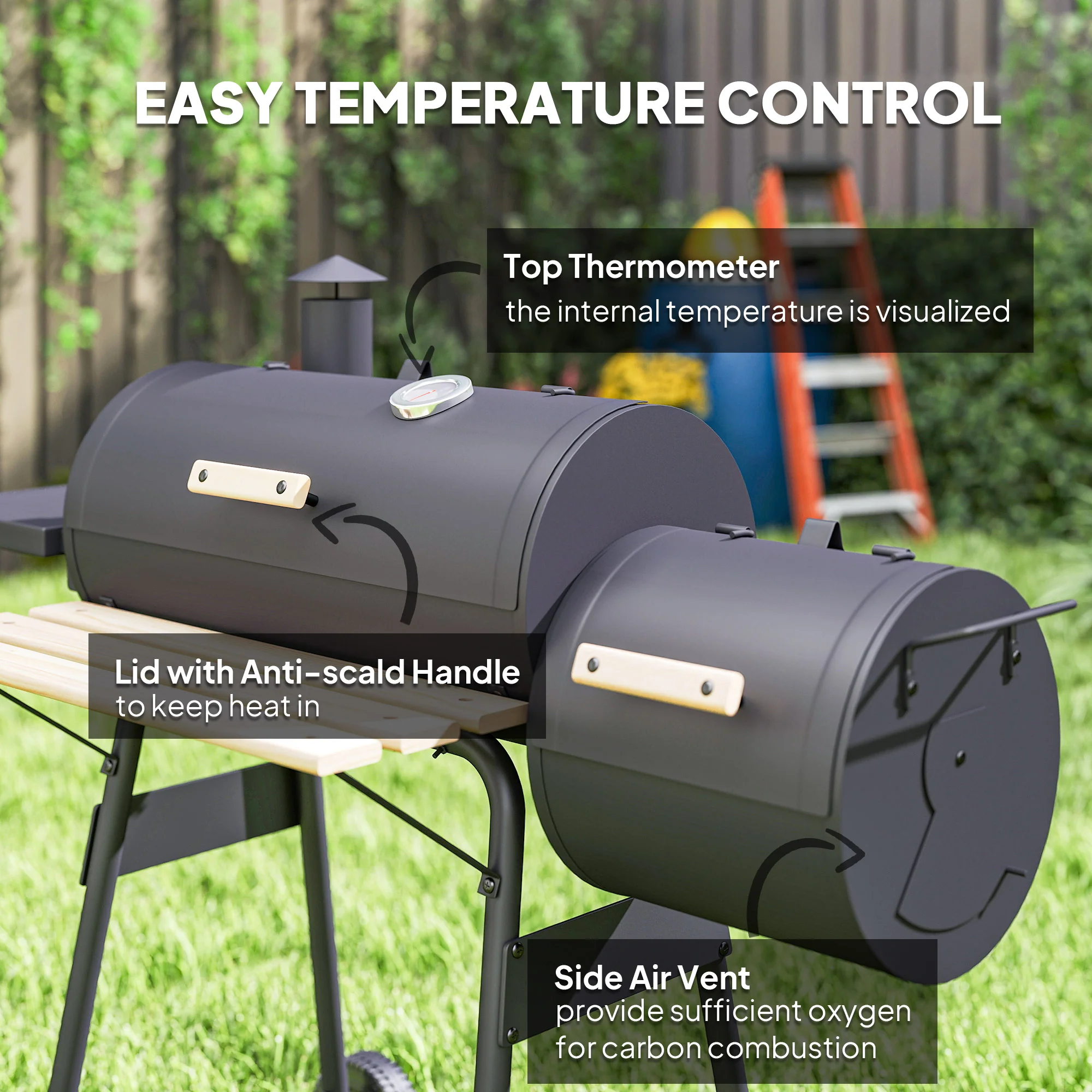 Charcoal Grill with Offset Smoker, Side Tables, Shelf, Thermometer & Wheels - Image 8