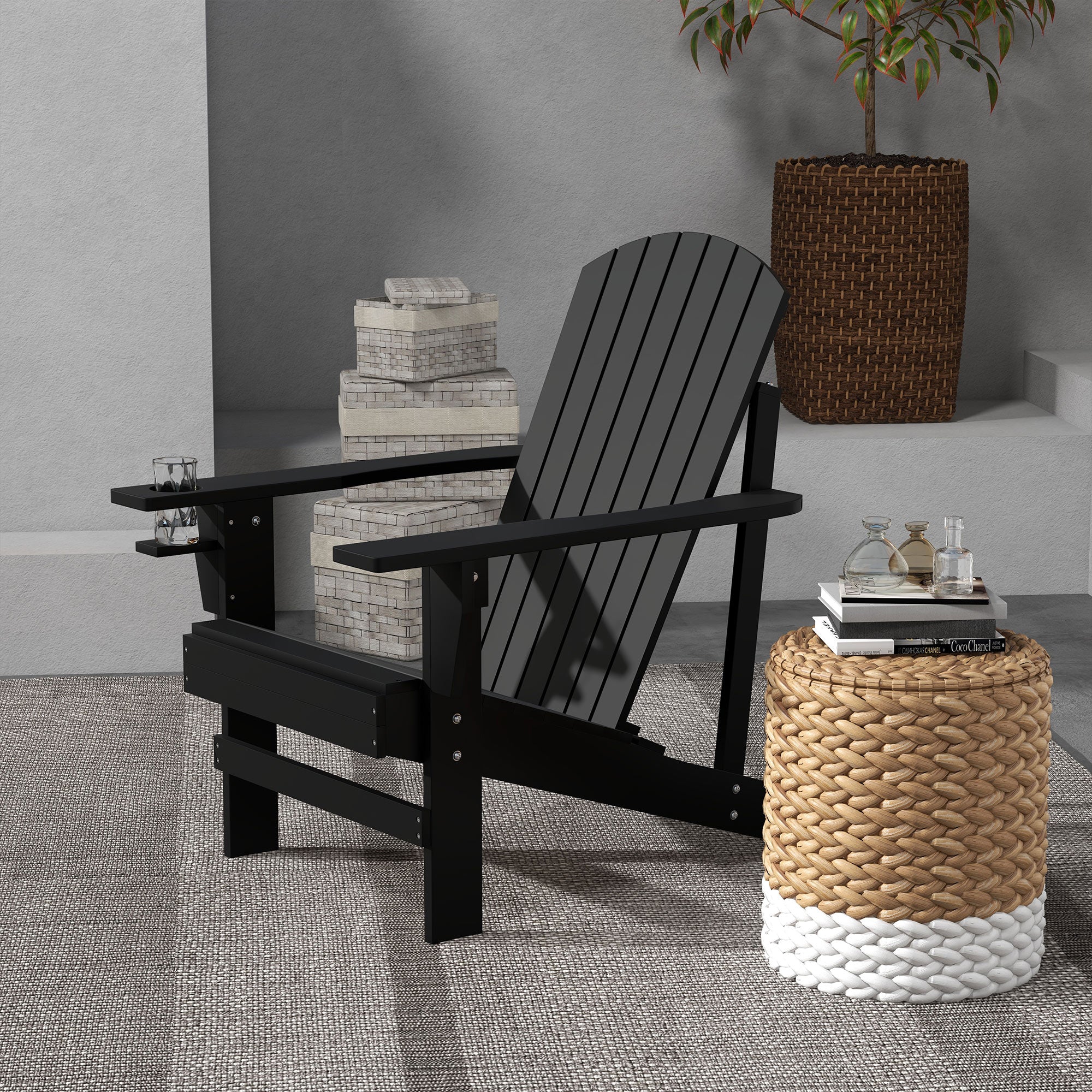 Classic Adirondack Muskoka Chairs, Garden Deck Chair with Cup Holder for Patio, Black - Image 3