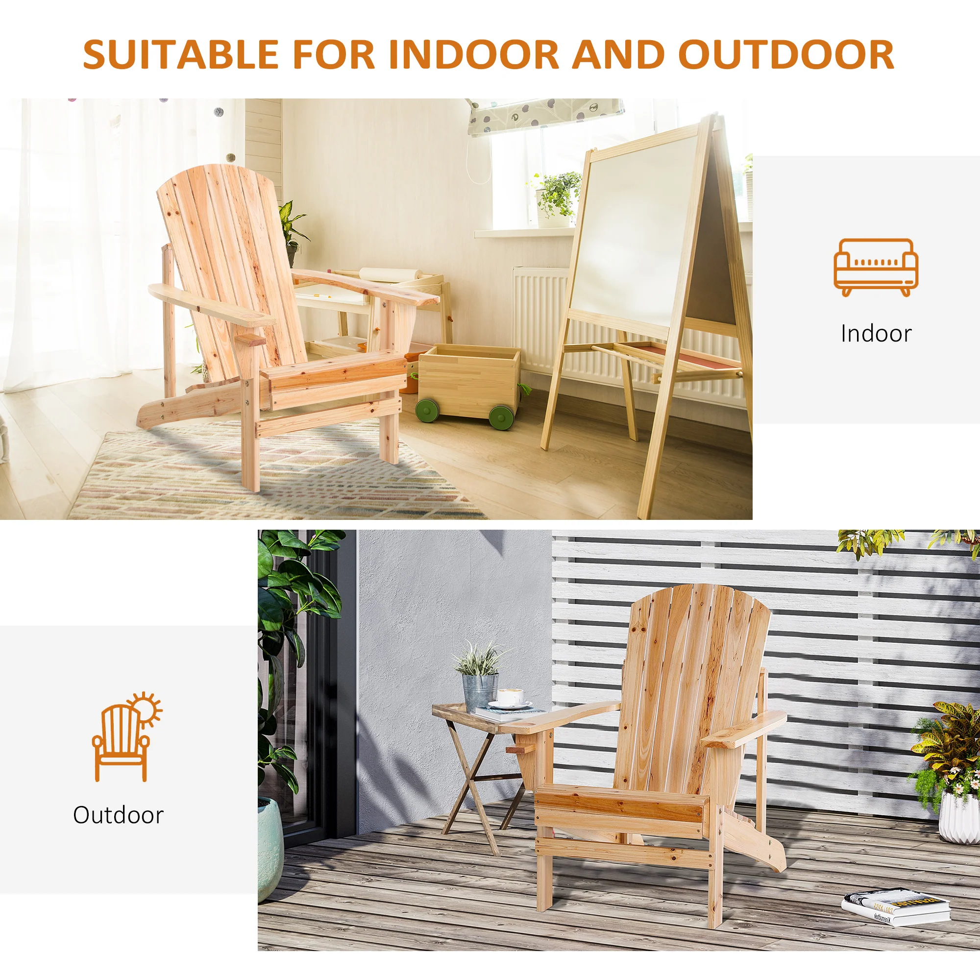 Classic Adirondack Muskoka Chairs, Garden Deck Chair with Cup Holder for Patio, Natural - Image 9