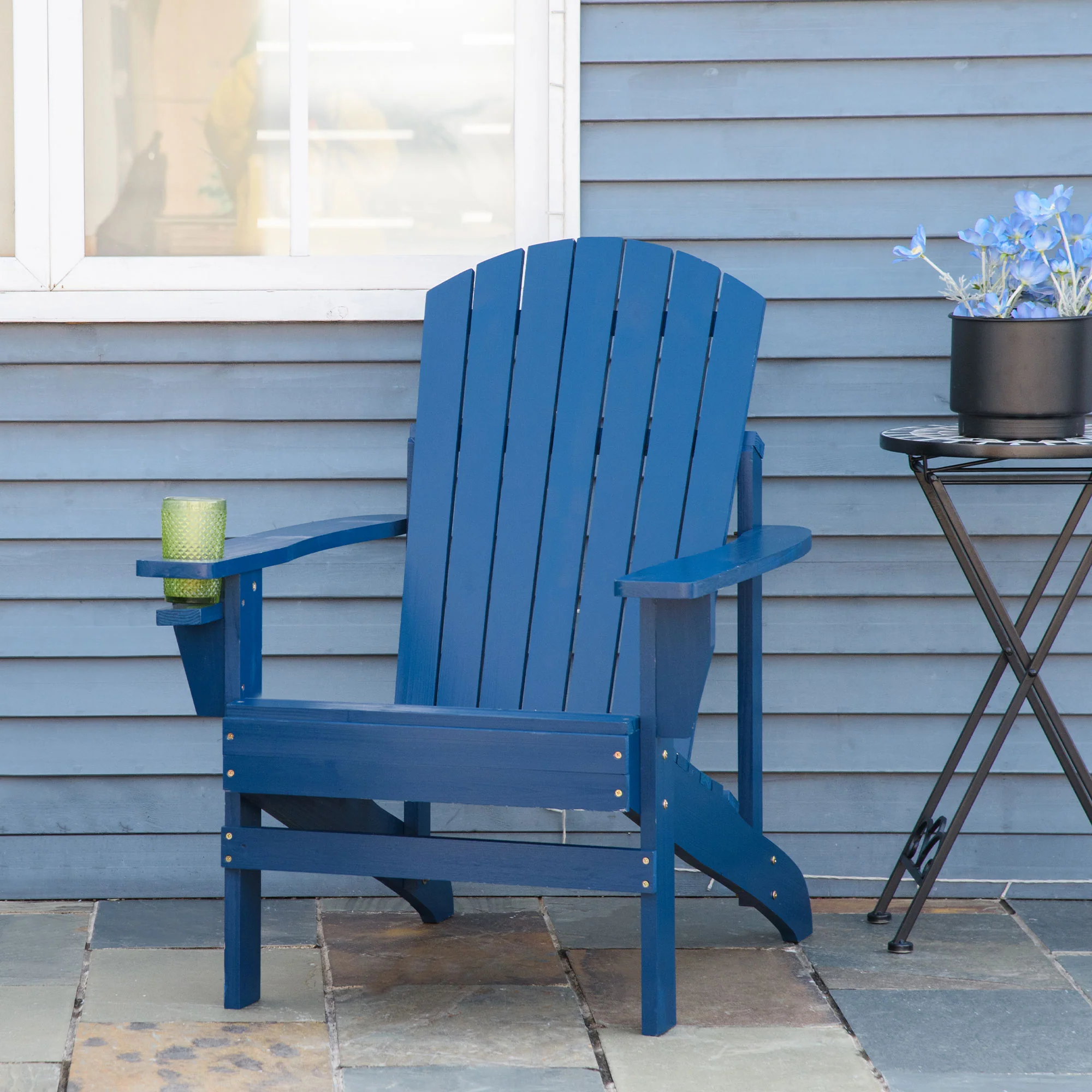 Classic Adirondack Muskoka Chairs, Garden Deck Chair with Cup Holder for Patio, Navy Blue - Image 4
