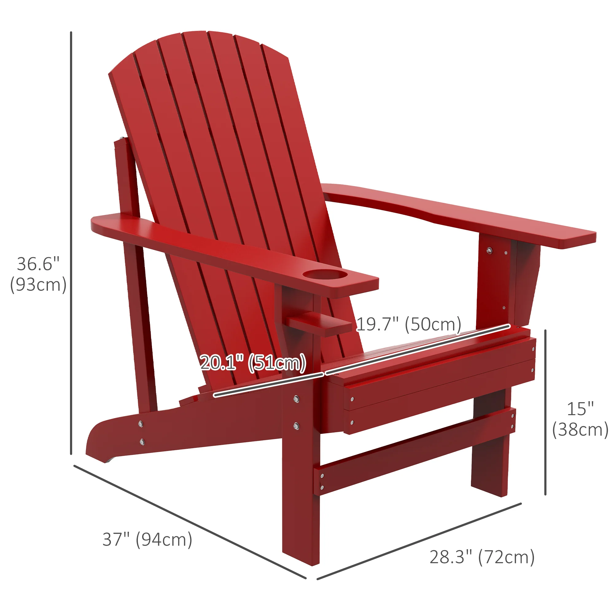 Classic Adirondack Muskoka Chairs, Garden Deck Chair with Cup Holder for Patio, Red - Image 5