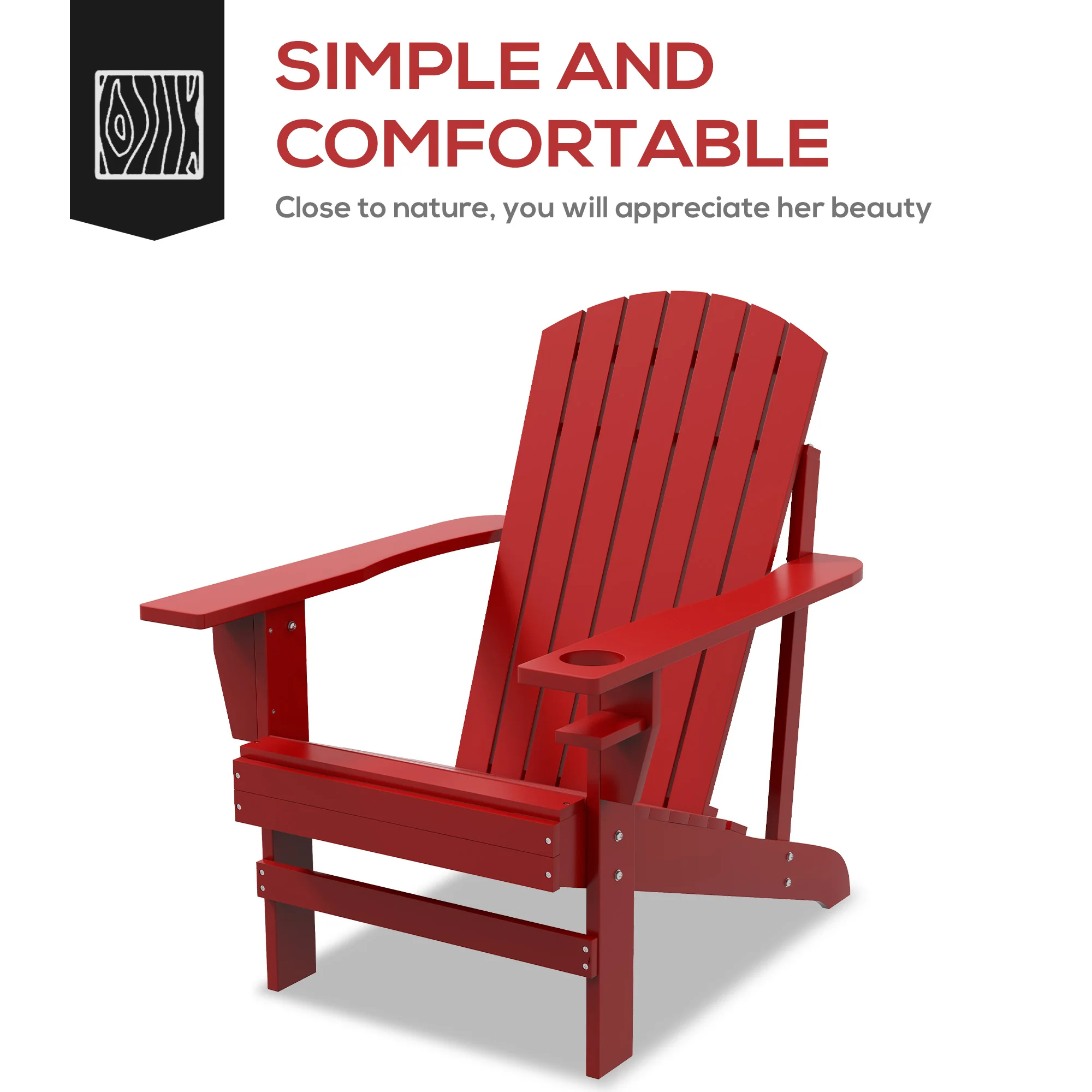 Classic Adirondack Muskoka Chairs, Garden Deck Chair with Cup Holder for Patio, Red - Image 6