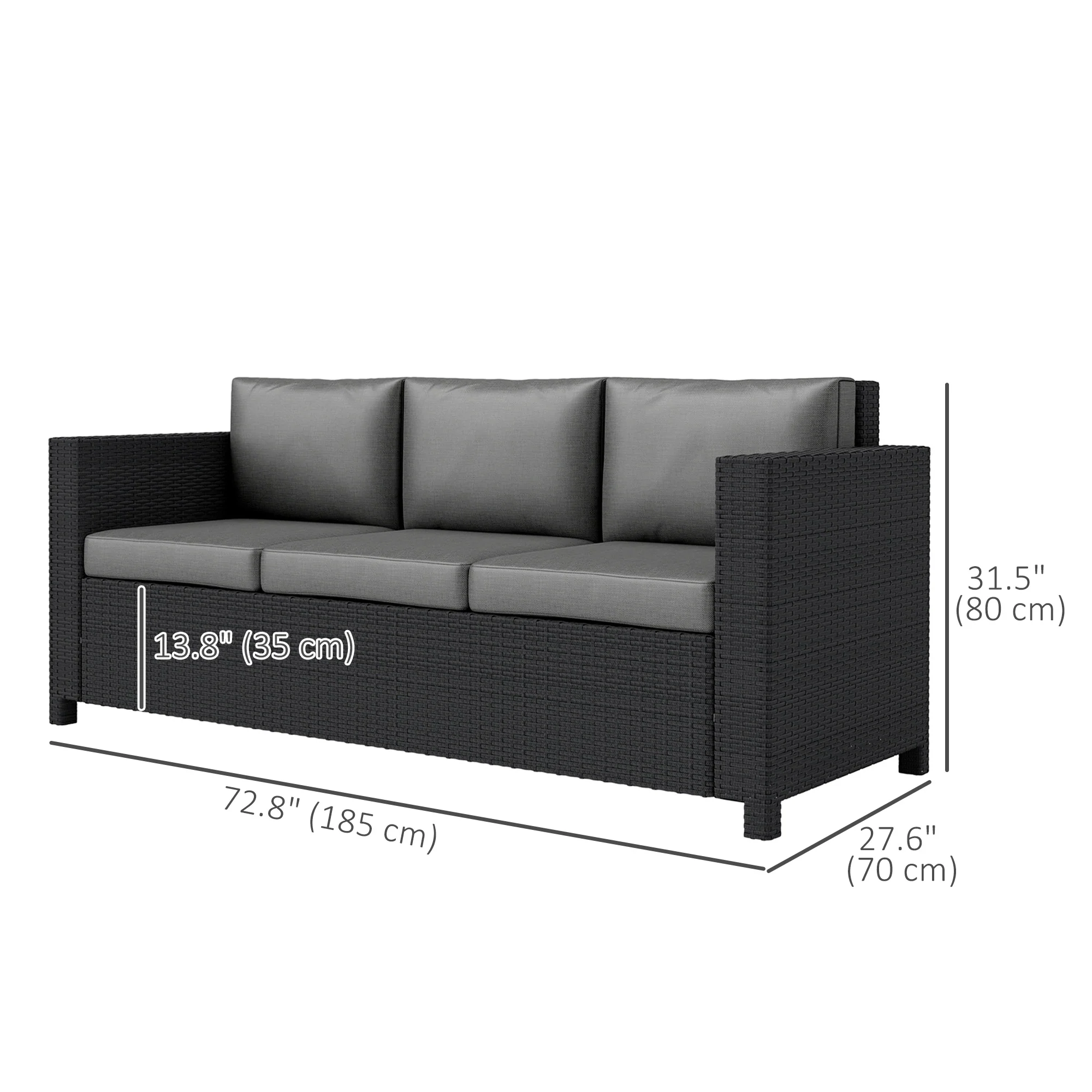 3-Seat Rattan Wicker Sofa, Garden Outdoor Patio Furniture with Cushions, Grey - Image 5