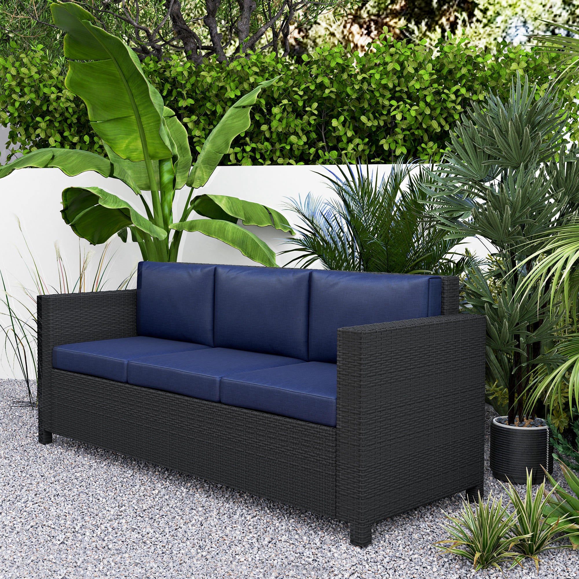 3-Seat Rattan Wicker Sofa, Garden Outdoor Patio Furniture with Cushions, Navy Blue - Image 11