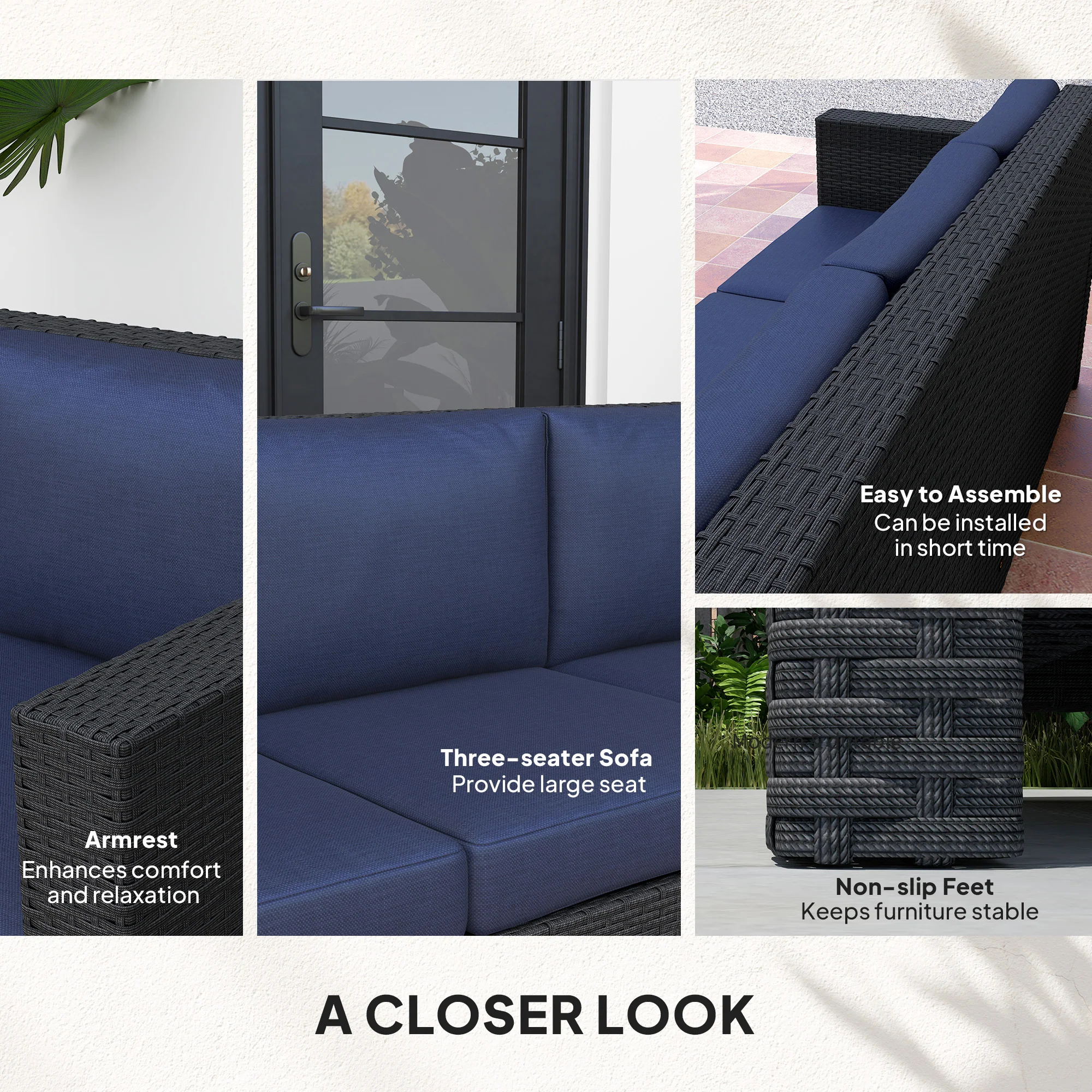 3-Seat Rattan Wicker Sofa, Garden Outdoor Patio Furniture with Cushions, Navy Blue - Image 8