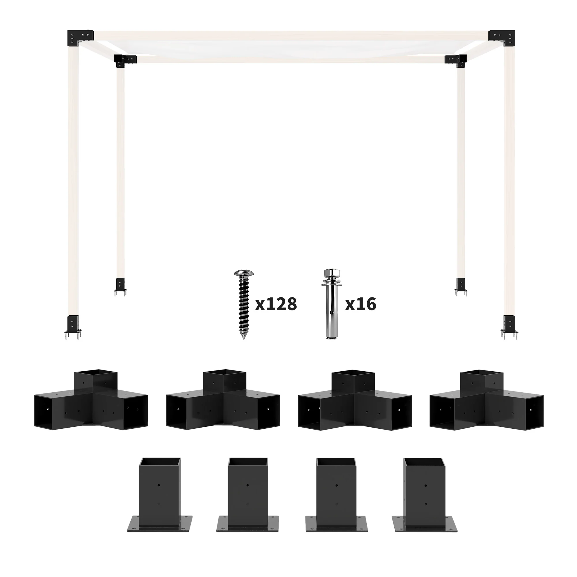 DIY Pergola Kit with 3-Way Corner Brackets and Post Base for 4"x4" Lumber, 8-Piece with Screws - Image 2