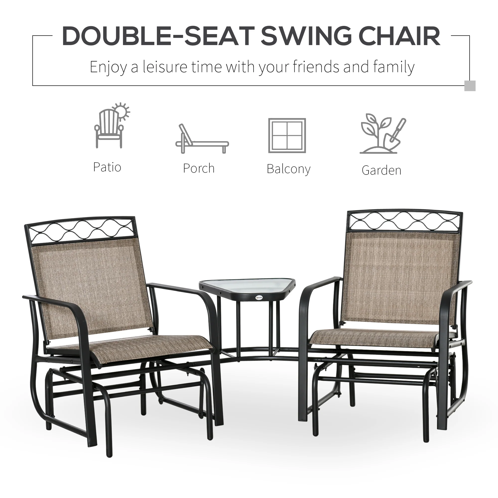 Double Outdoor Glider Chair, 2 Seater Patio Rocking Chairs, Swing Bench with Tempered Glass Table, Breathable Mesh Fabric for Backyard, Garden, Porch, Brown - Image 6