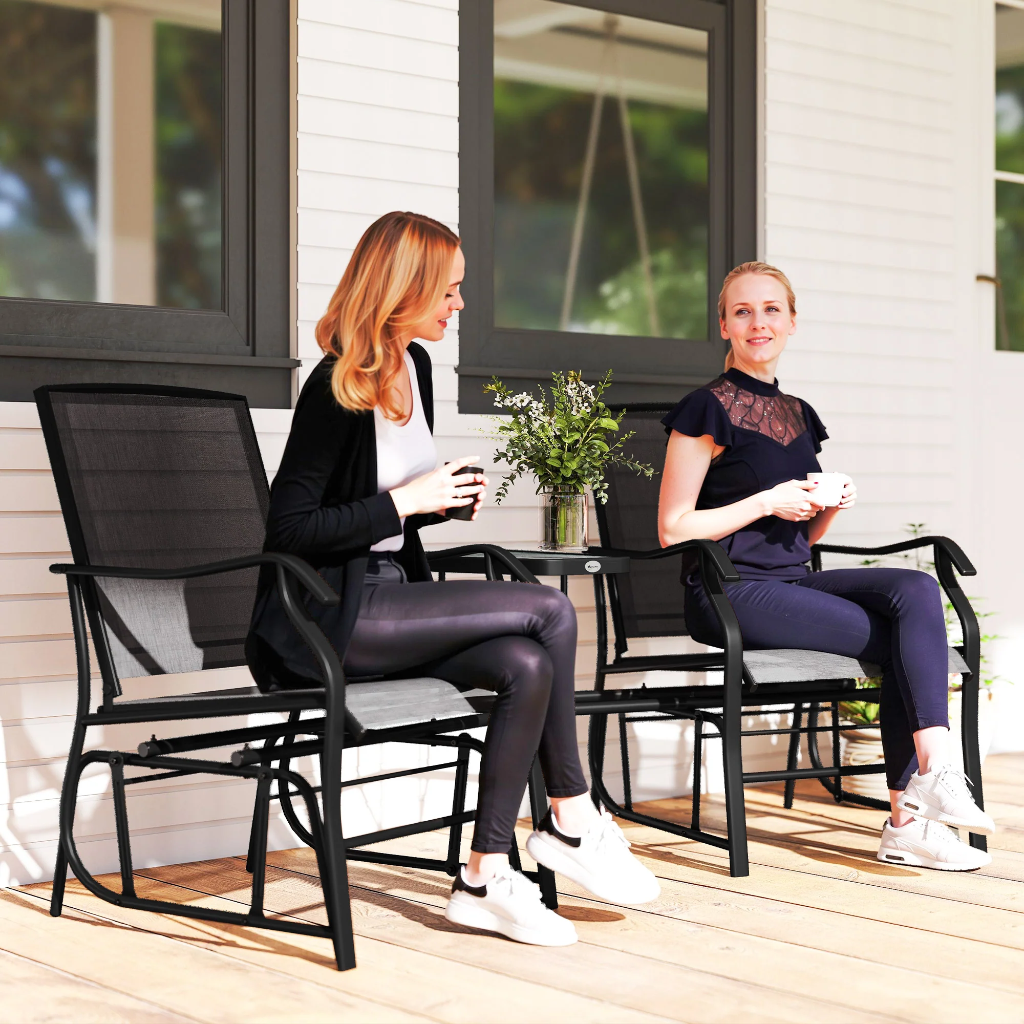 Double Patio Glider Chair with Glass Top Center Table, All Weather Breathable Mesh Fabric, Black - Image 3