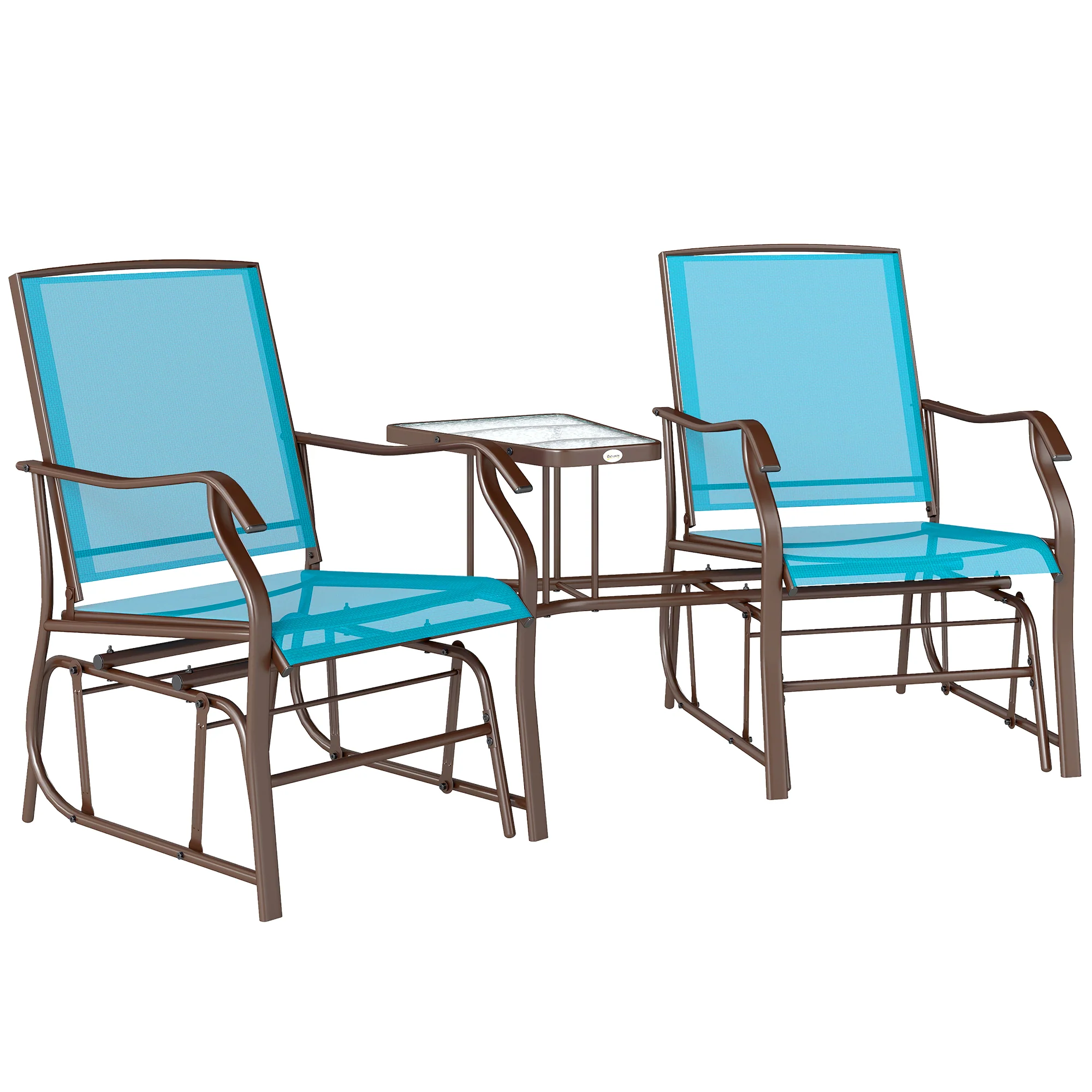 Double Patio Glider Chair with Glass Top Center Table, All Weather Breathable Mesh Fabric, Blue - Image 12