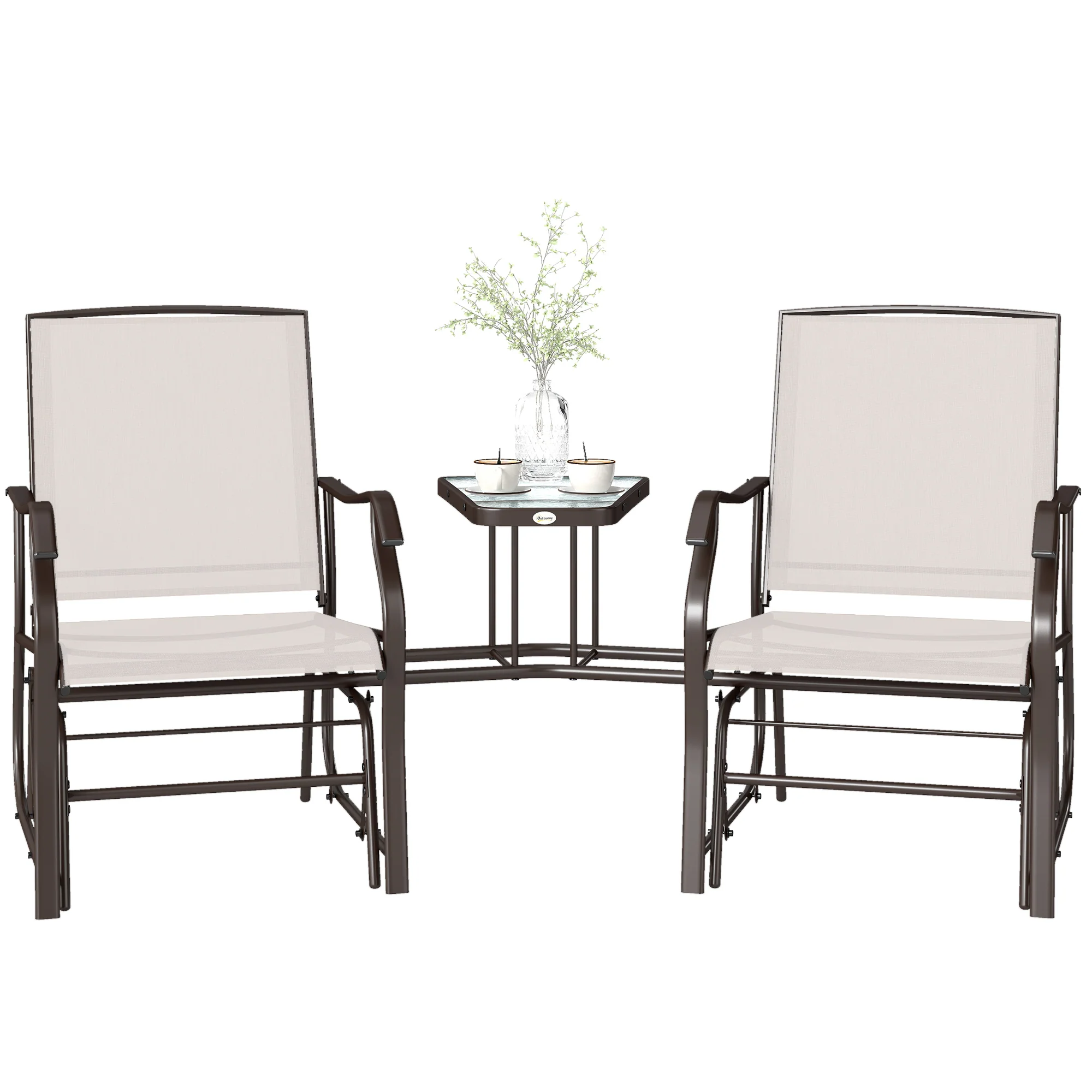 Double Patio Glider Chair with Glass Top Center Table, All Weather Breathable Mesh Fabric, Beige - Image 2