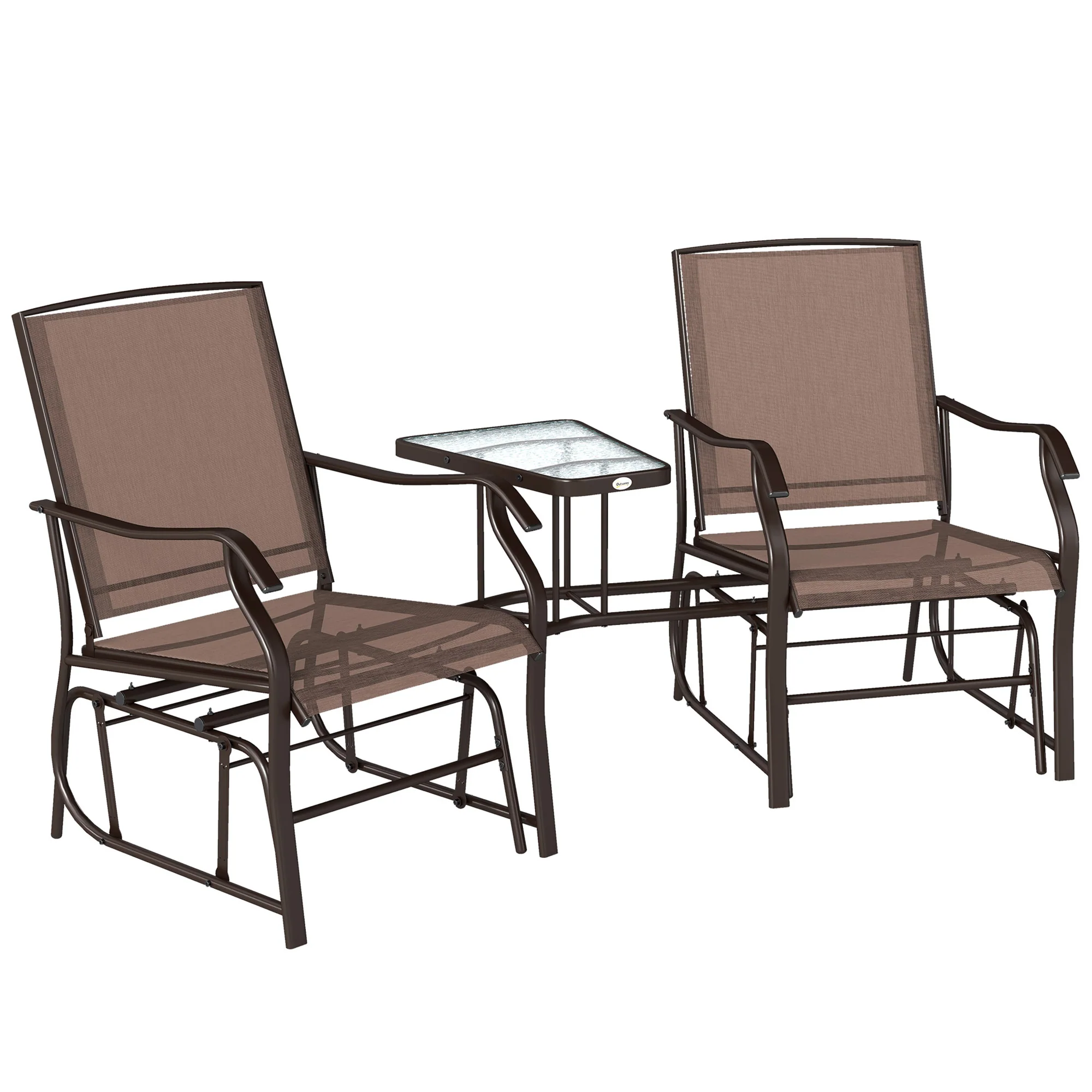Double Patio Glider Chair with Glass Top Center Table, All Weather Breathable Mesh Fabric, Brown - Image 12