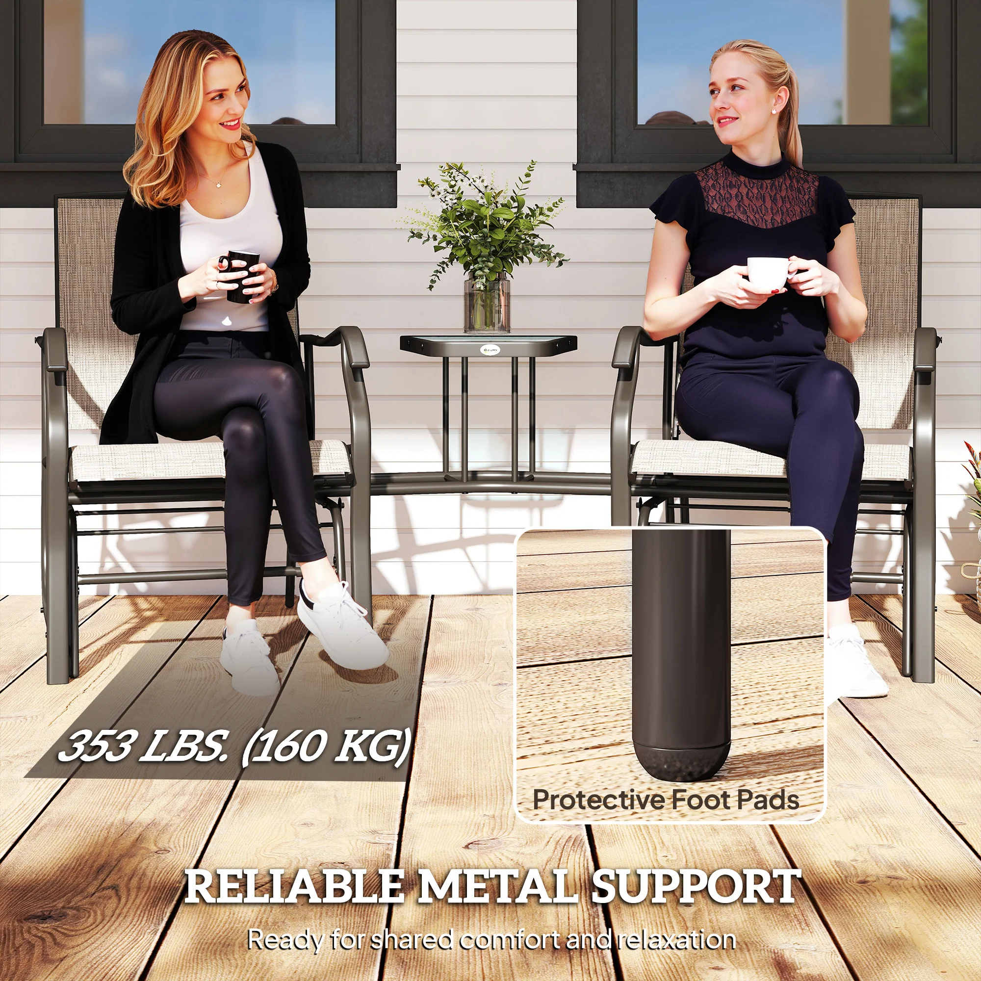 Double Patio Glider Chair with Glass Top Center Table, All Weather Breathable Mesh Fabric, Light Brown - Image 9