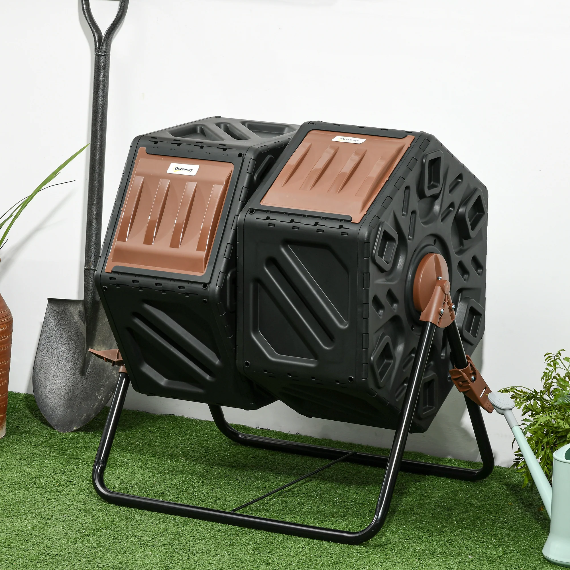 Dual Chamber Garden Compost Bin, 130L Rotating Composter, Compost Maker with Ventilation Openings and Steel Legs, Dark Brown and Black - Image 4