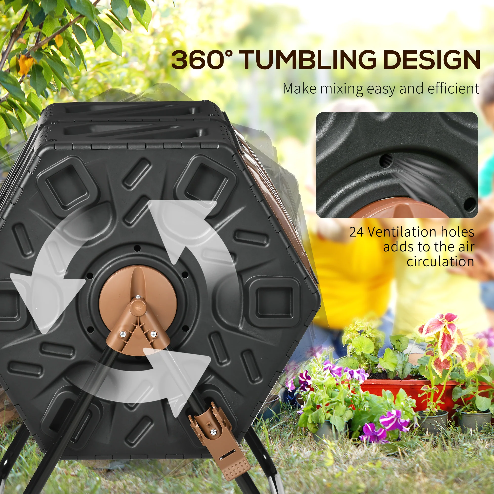 Dual Chamber Garden Compost Bin, 130L Rotating Composter, Compost Maker with Ventilation Openings and Steel Legs, Dark Brown and Black - Image 7