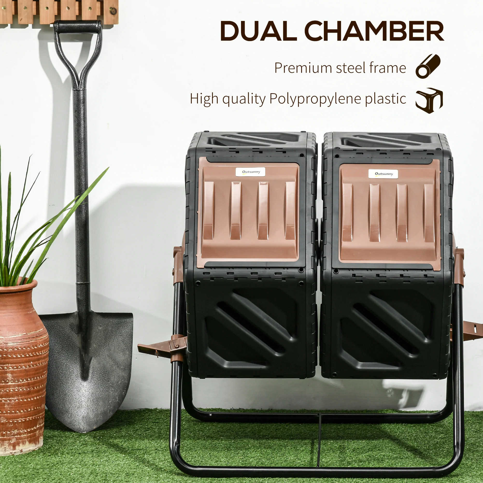 Dual Chamber Garden Compost Bin, 130L Rotating Composter, Compost Maker with Ventilation Openings and Steel Legs, Dark Brown and Black - Image 9