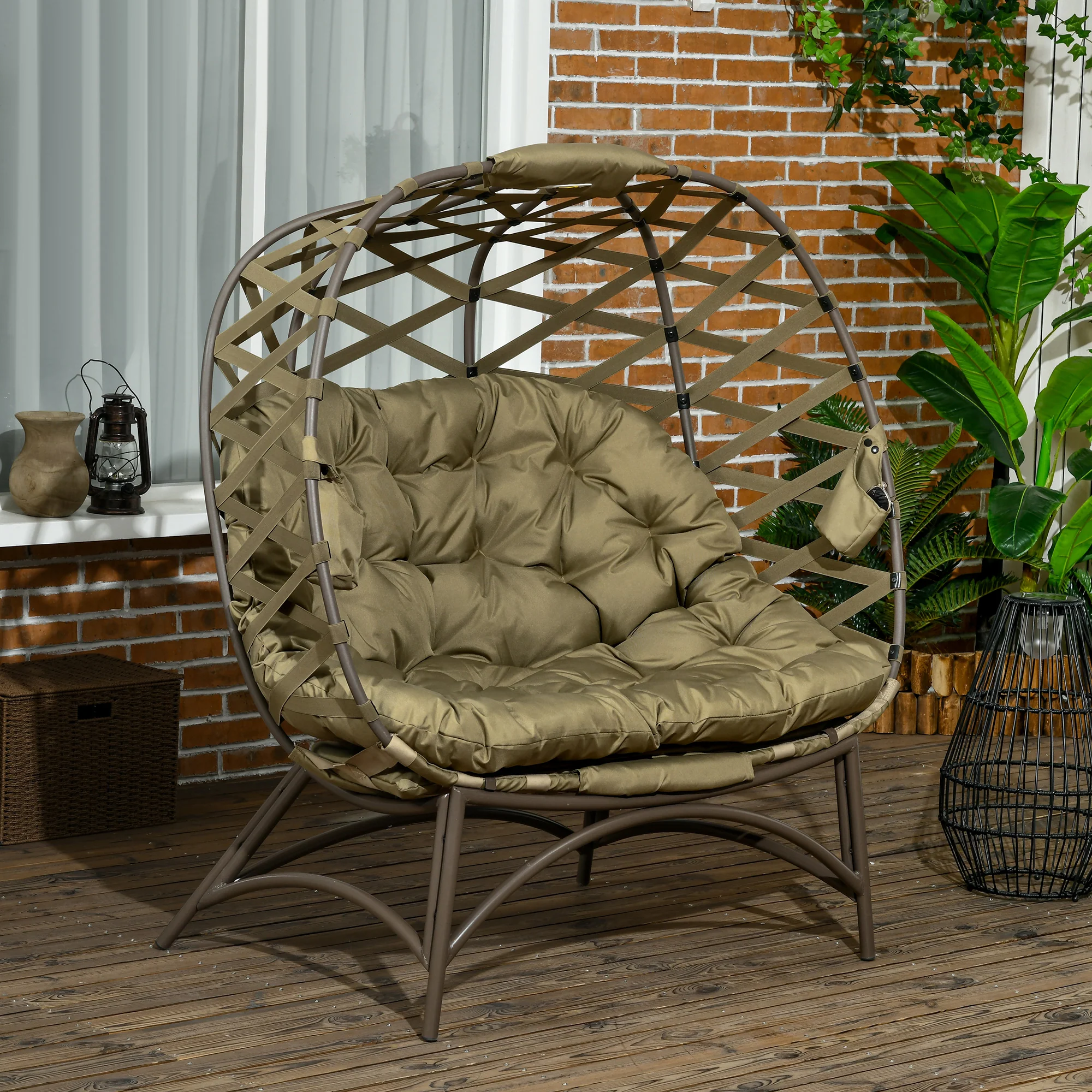 2 Seater Folding Weave Egg Chair w/ Cushion, Cup Pockets for Patio, Balcony, Khaki - Image 4
