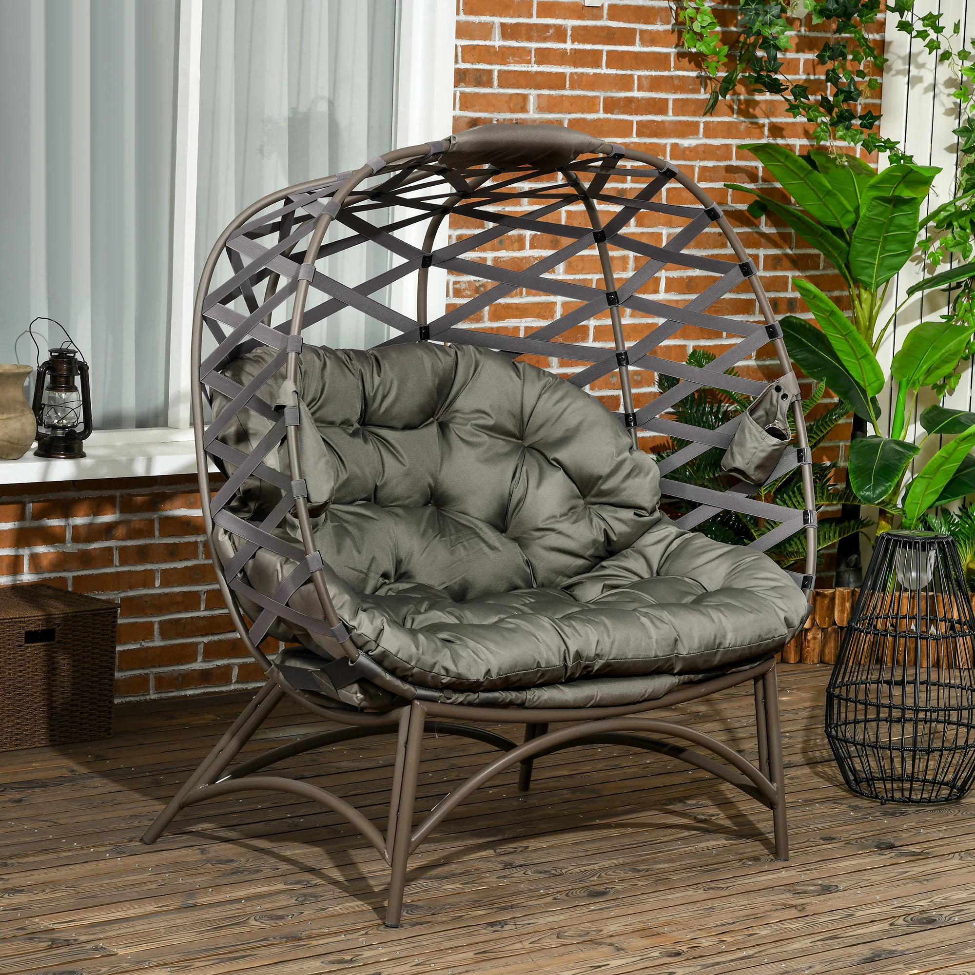 2 Seater Folding Weave Egg Chair w/ Cushion, Cup Pockets for Patio, Balcony, Sand Brown - Image 4