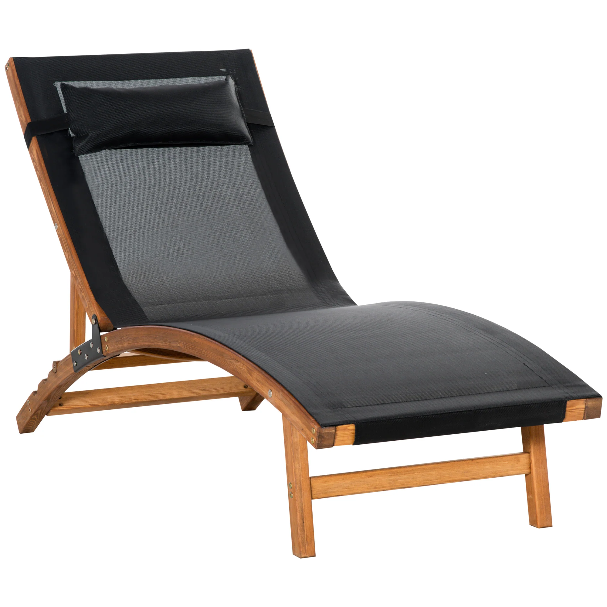 Ergonomic Patio Lounge Chair, Wooden Outdoor Chaise w/ 3 Adjustable Back & Pillow, Black - Image 12