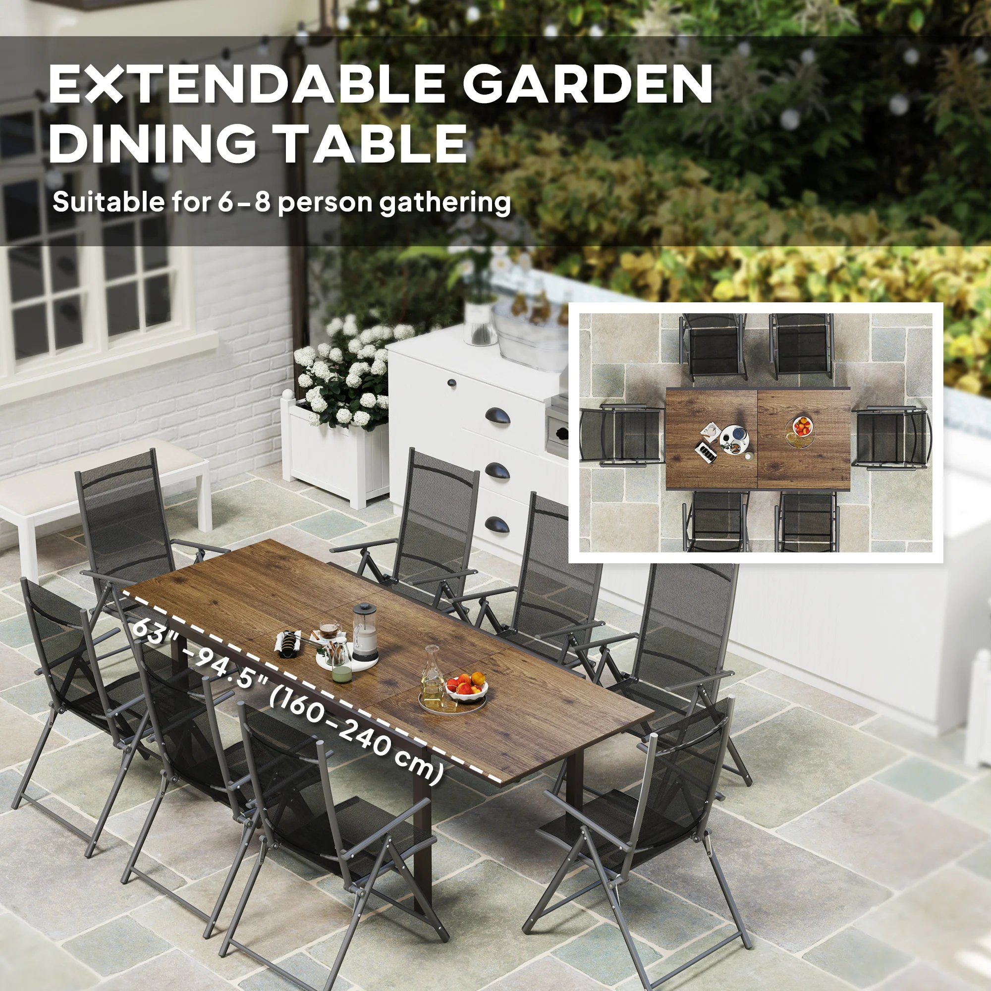 63"-94.5" Extendable Patio Dining Table with Aluminium Edging for 6-8 Person, Brown - Image 6