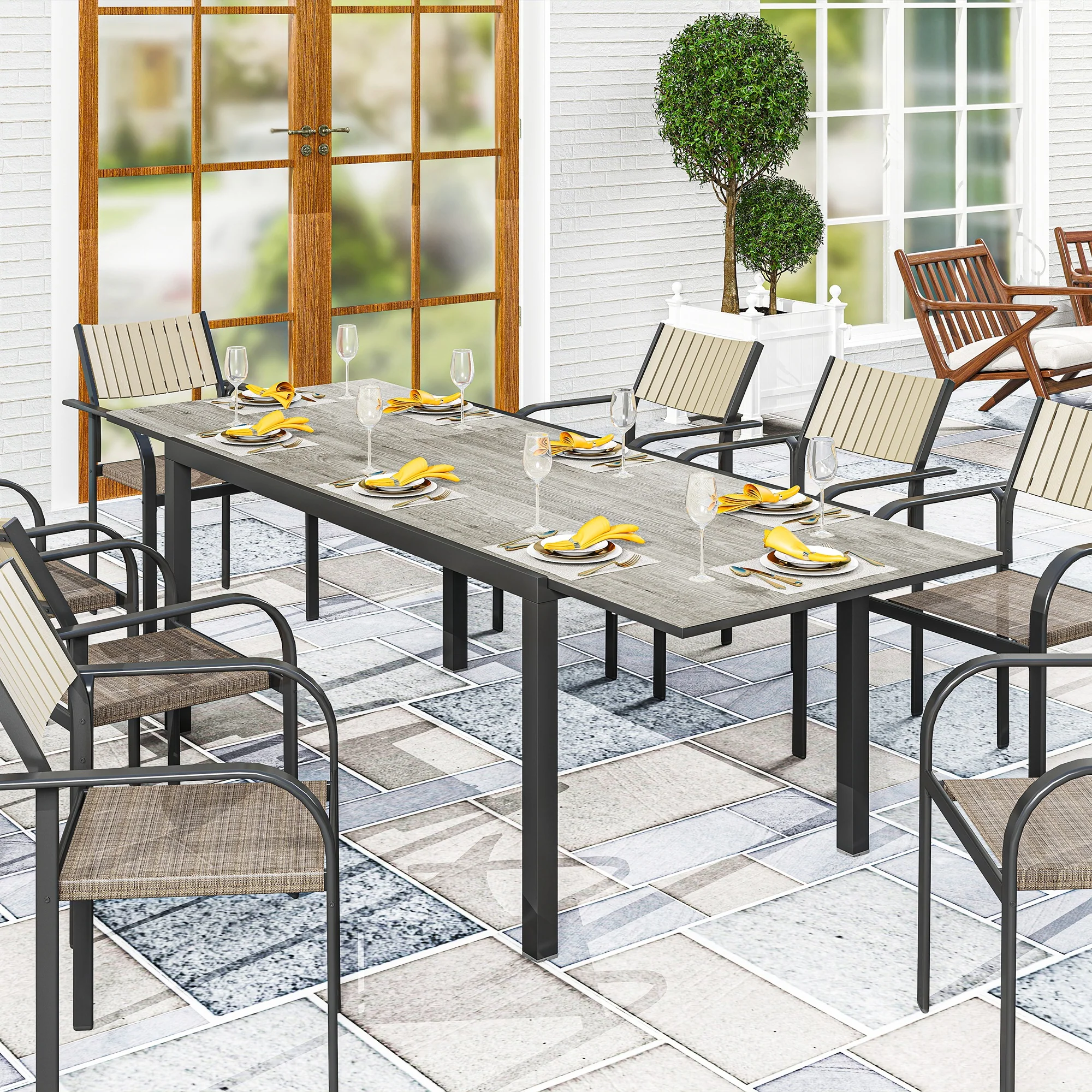 63"-94.5" Extendable Patio Dining Table for 6-8 Person, Outdoor Dining Table with Aluminium Edging, Steel Frame, Grey - Image 3
