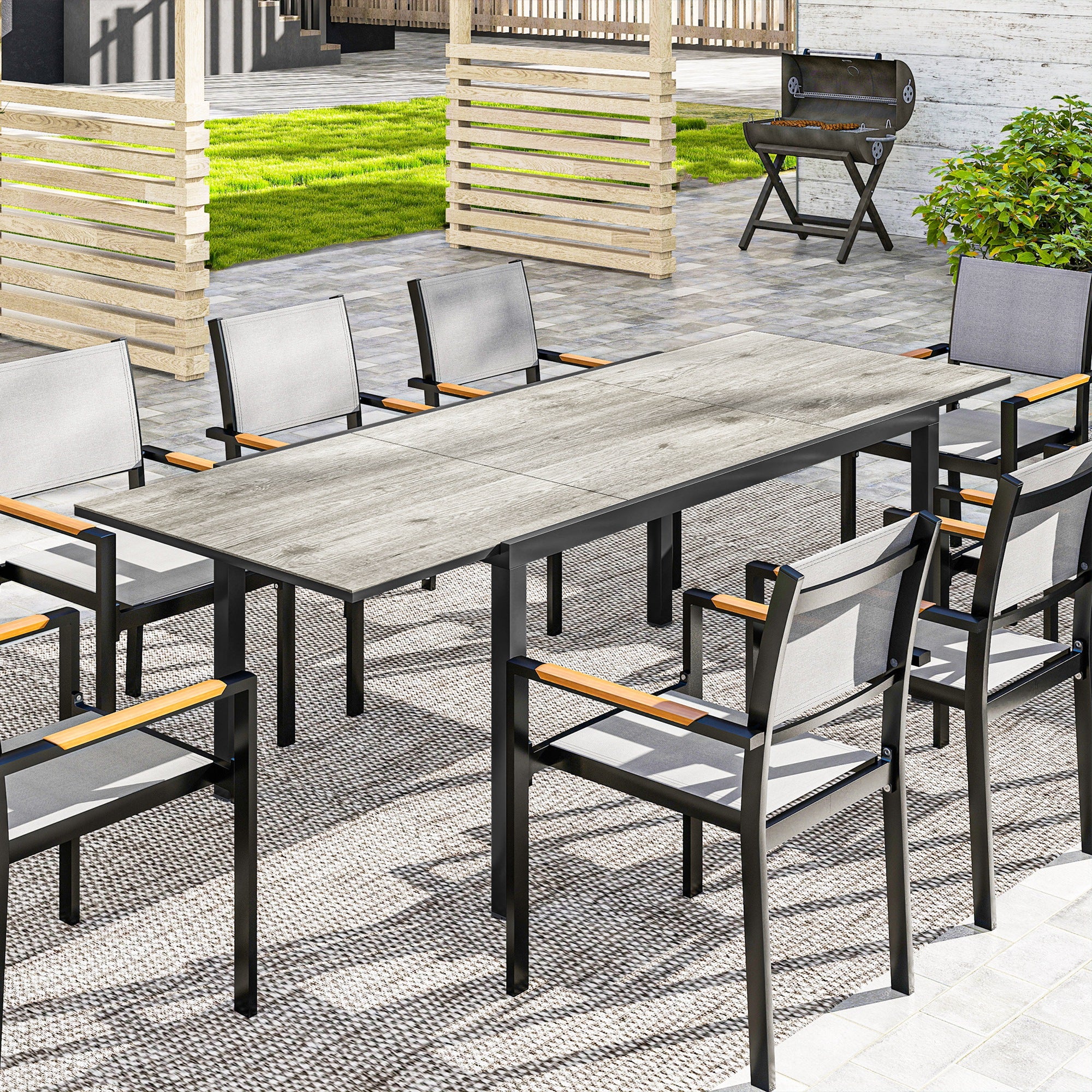 63"-94.5" Extendable Patio Dining Table for 6-8 Person, Outdoor Dining Table with Aluminium Edging, Steel Frame, Grey - Image 4
