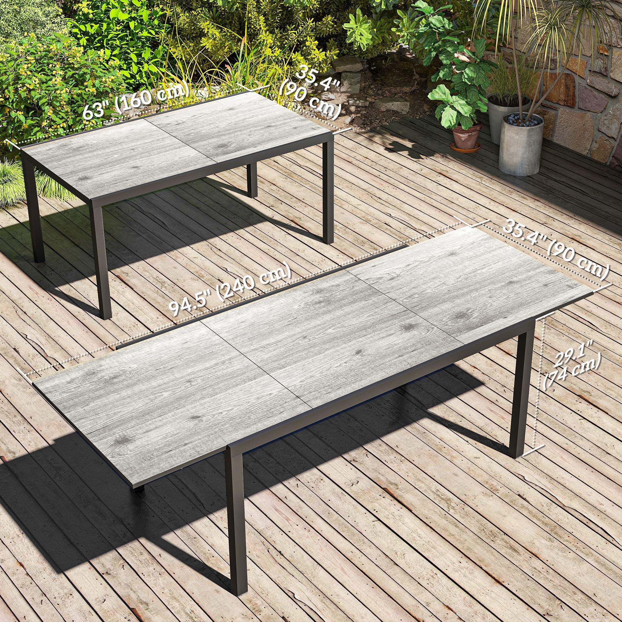 63"-94.5" Extendable Patio Dining Table for 6-8 Person, Outdoor Dining Table with Aluminium Edging, Steel Frame, Grey - Image 5