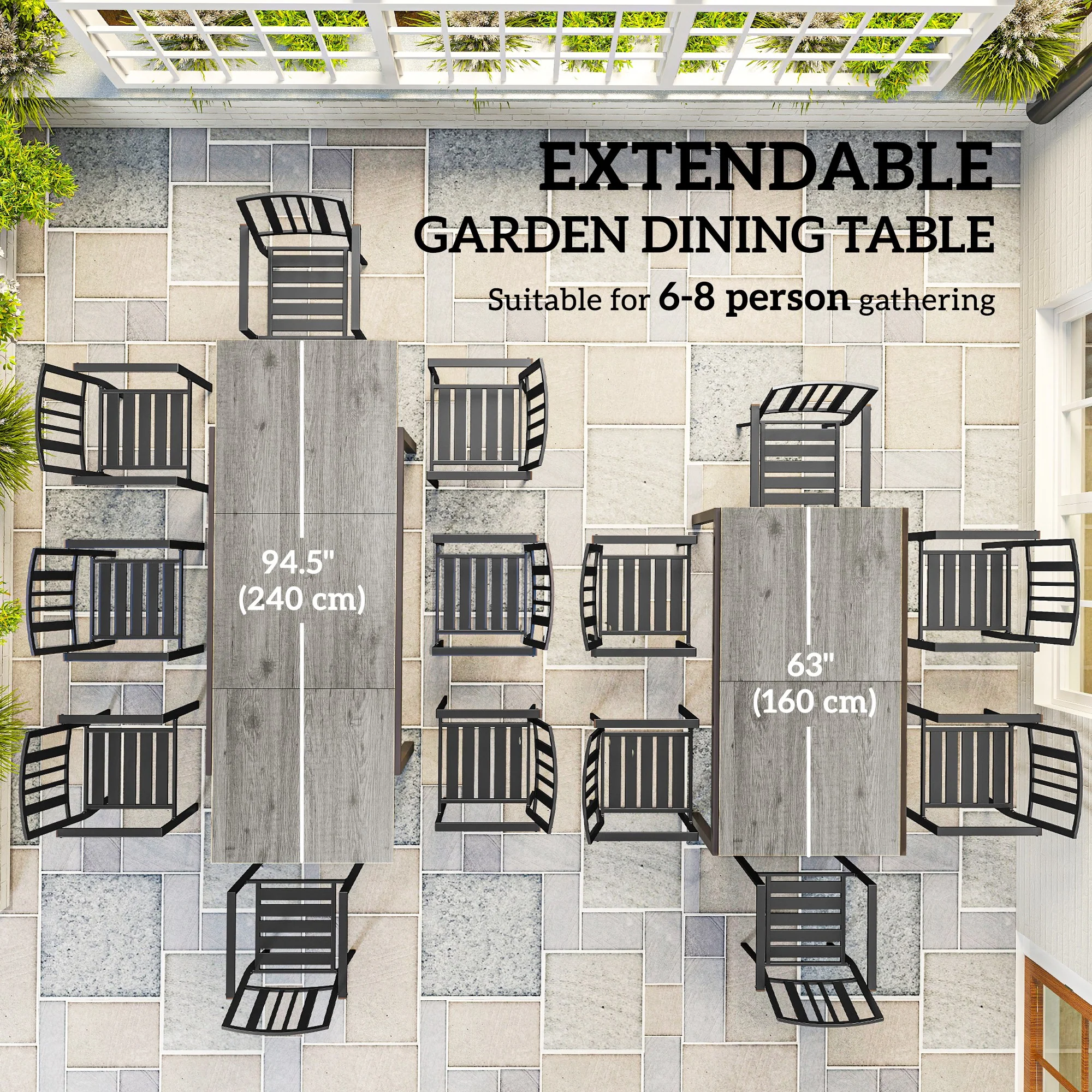 63"-94.5" Extendable Patio Dining Table for 6-8 Person, Outdoor Dining Table with Aluminium Edging, Steel Frame, Grey - Image 6