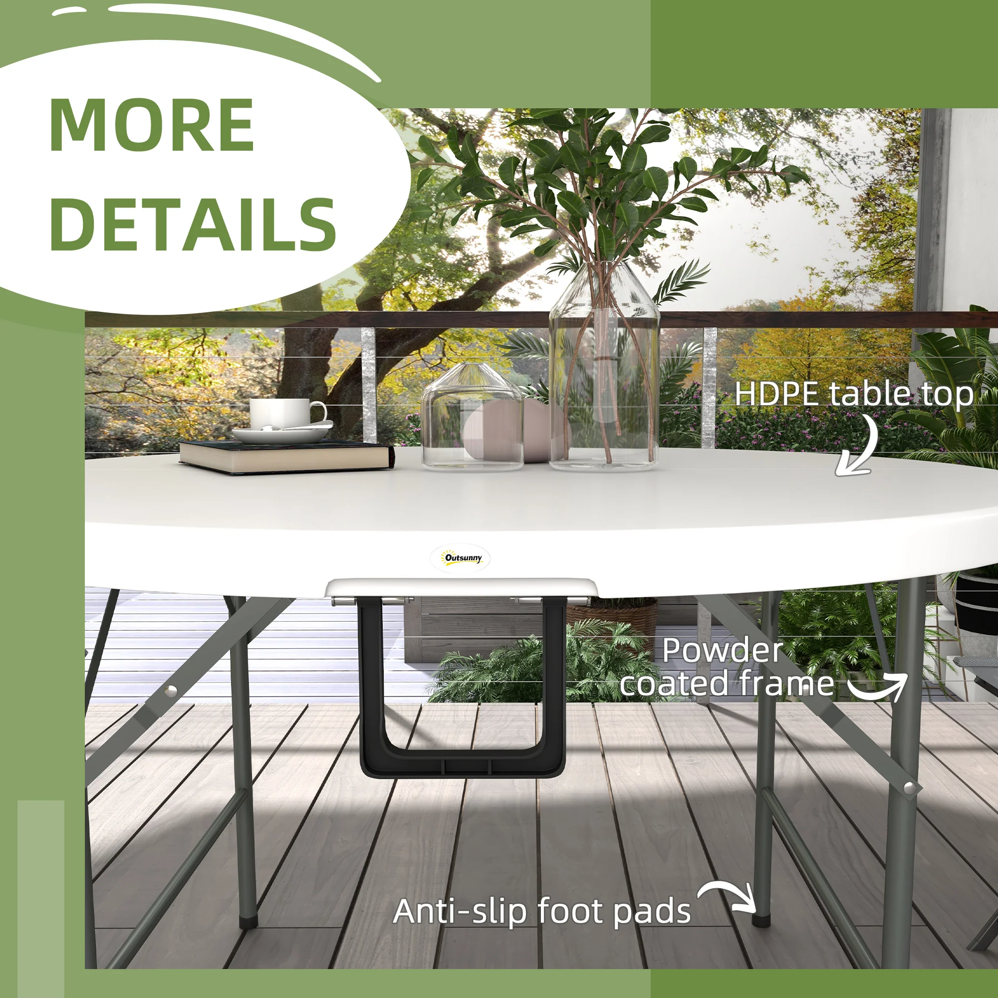 ¦µ48" Folding Patio Table, Outdoor HDPE Picnic Round Table for 6 with Metal Frame, White - Image 8