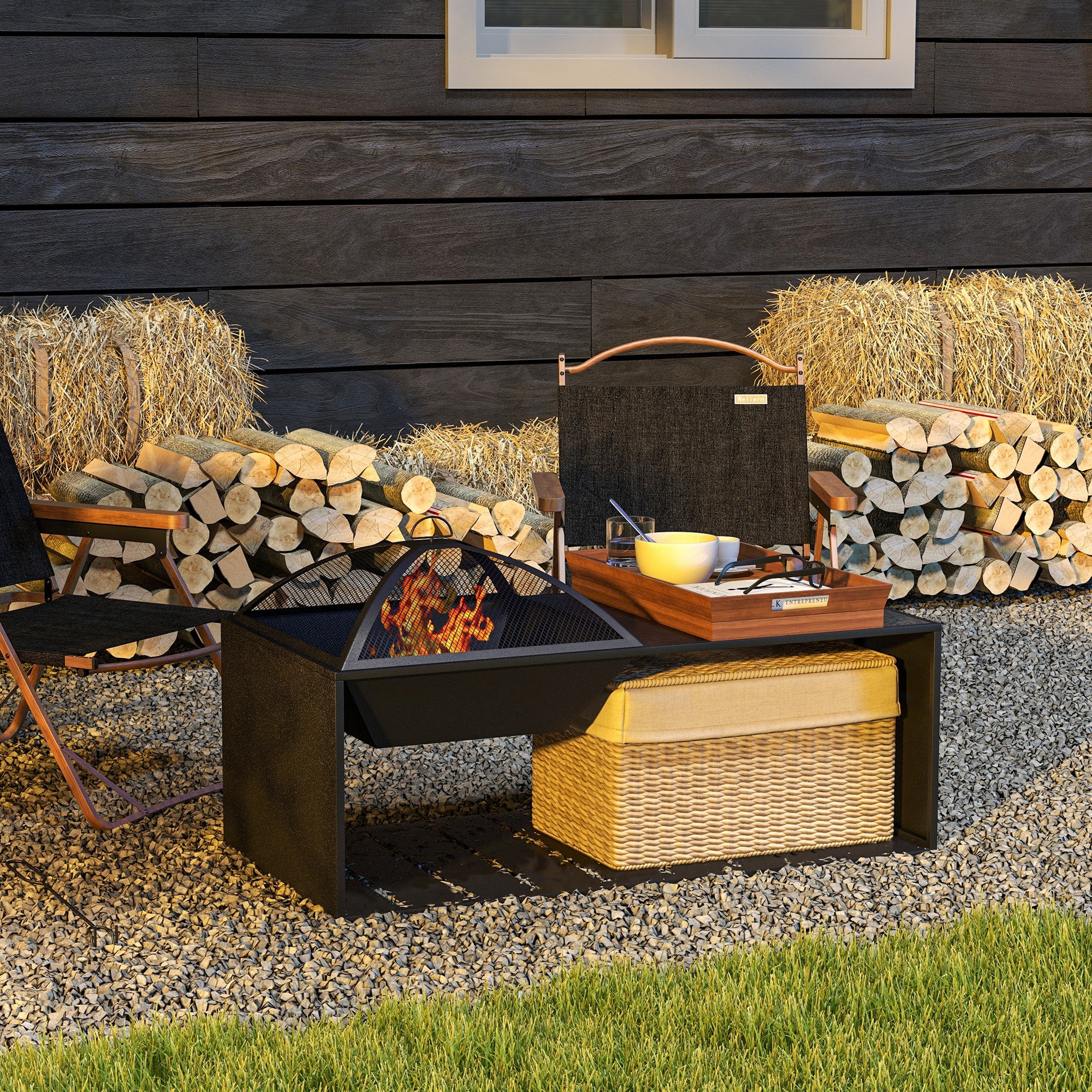 Wood-burning Firepit Coffee Table with Ceramic Tile Top, Storage Shelf & Poker, Black - Image 4
