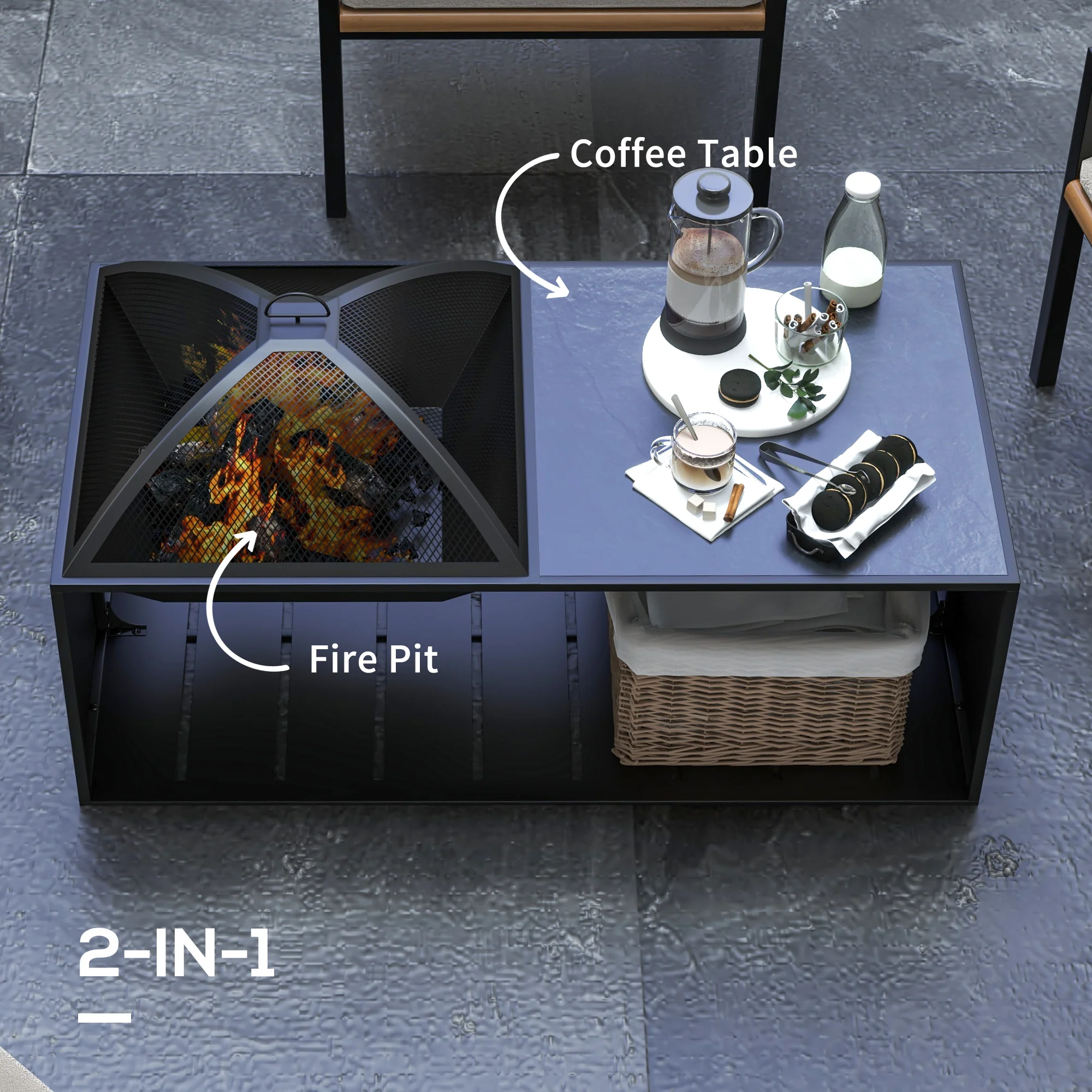 Wood-burning Firepit Coffee Table with Ceramic Tile Top, Storage Shelf & Poker, Black - Image 6