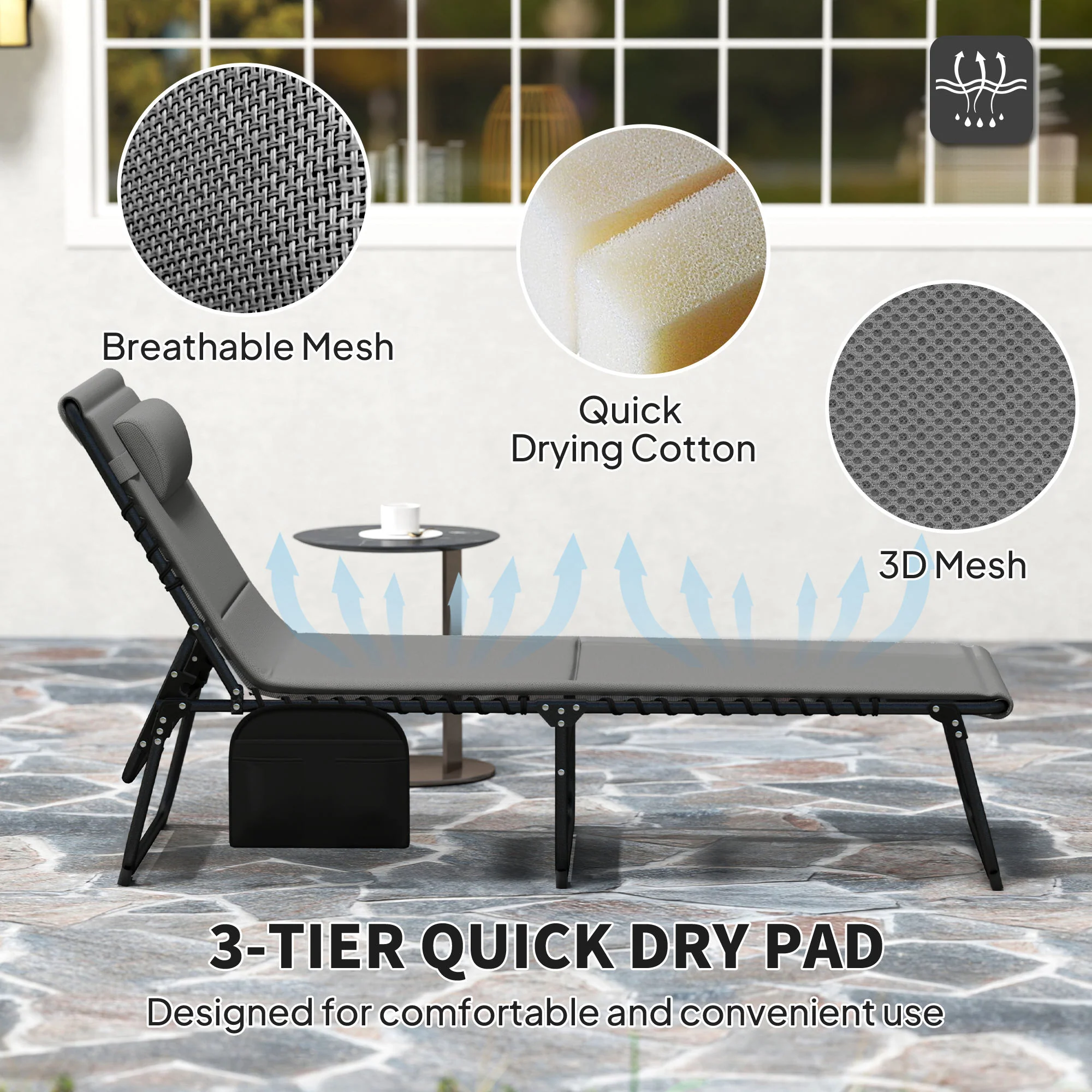 Set of 2 Outdoor Folding Chaise Lounge Chair with Headrest & Side Pocket, Light Grey - Image 8