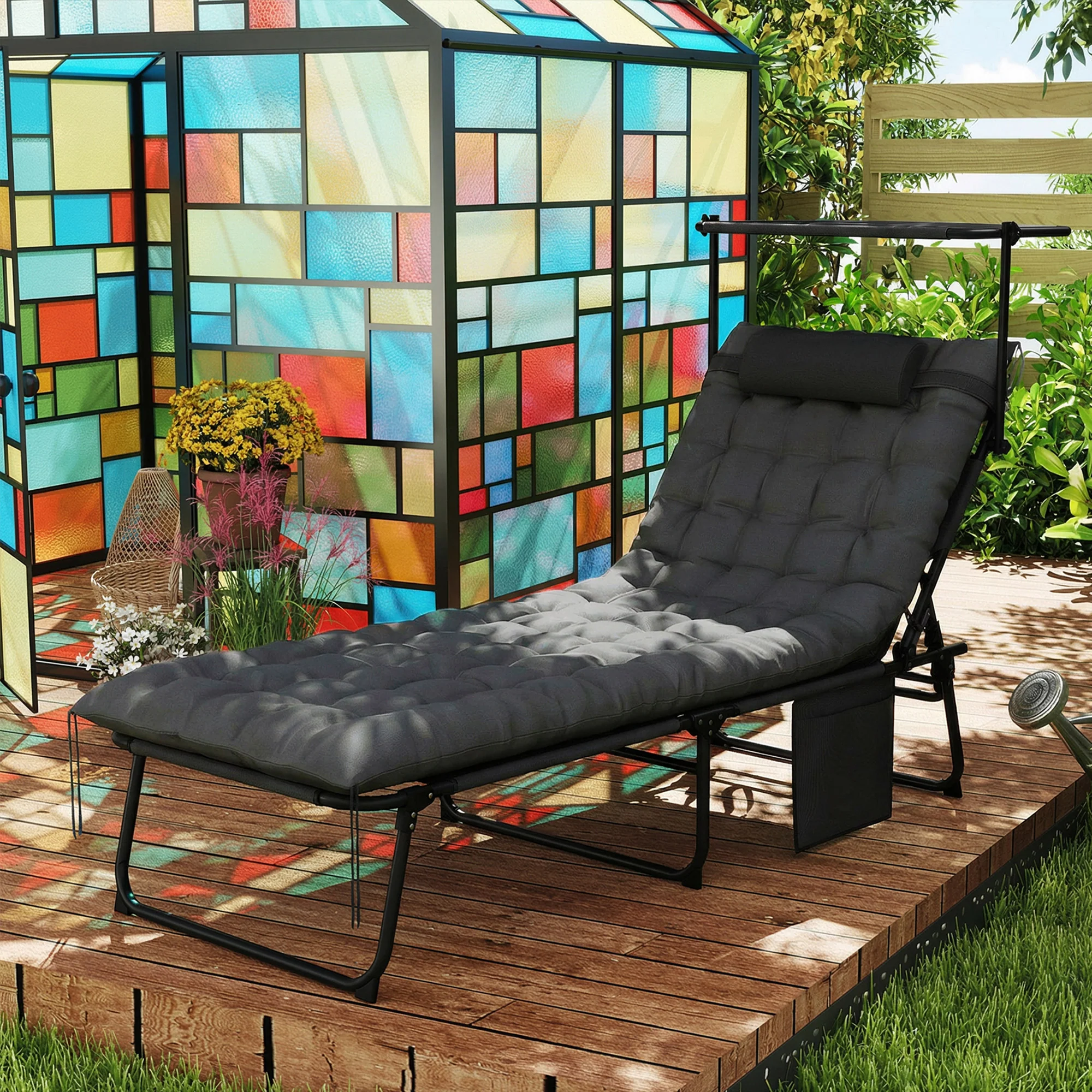 Folding Lounge Chair with Adjustable Canopy, 4-Position Outdoor Tanning Chair with Headrest, Dark Grey - Image 11