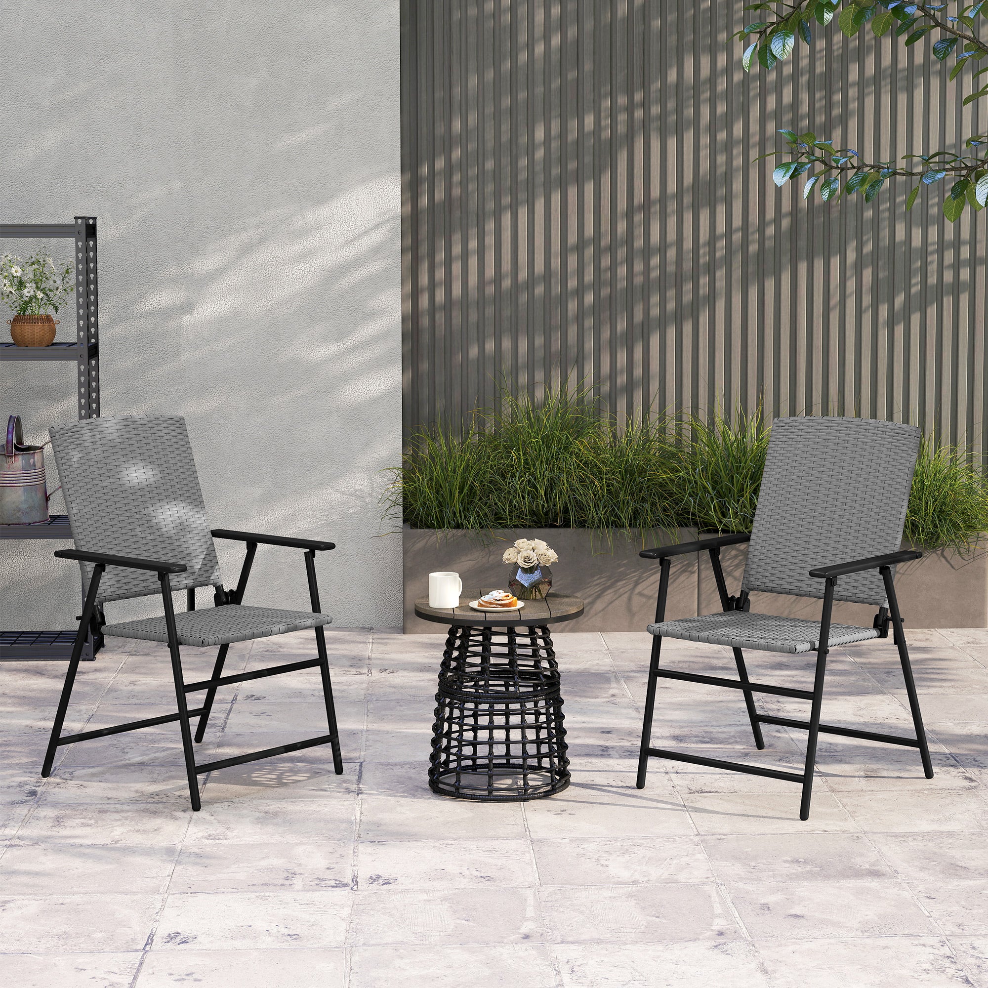 Set of 2 Folding Rattan Dining Chairs with Armrests, High Back and Steel Frame, Grey - Image 4