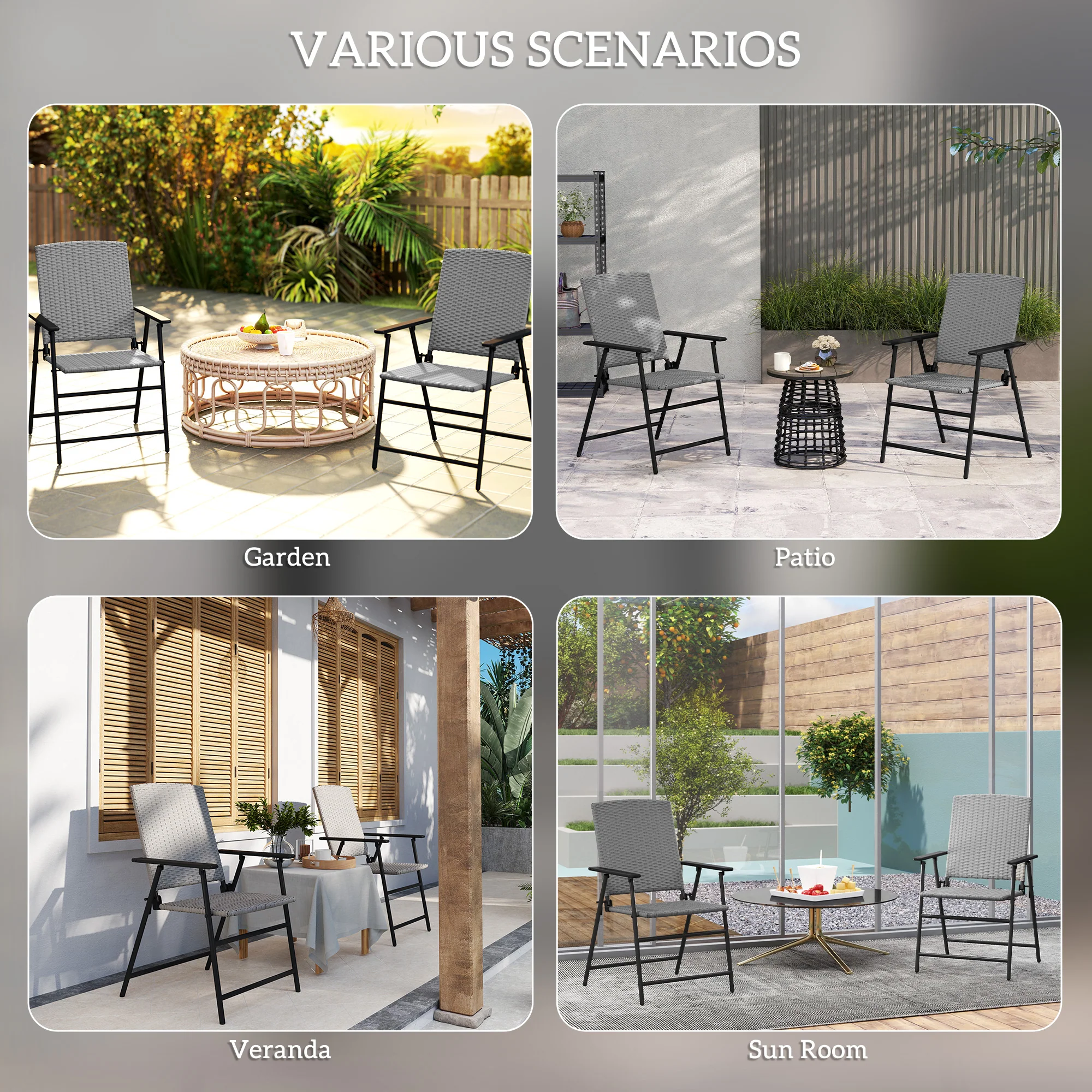 Set of 2 Folding Rattan Dining Chairs with Armrests, High Back and Steel Frame, Grey - Image 9
