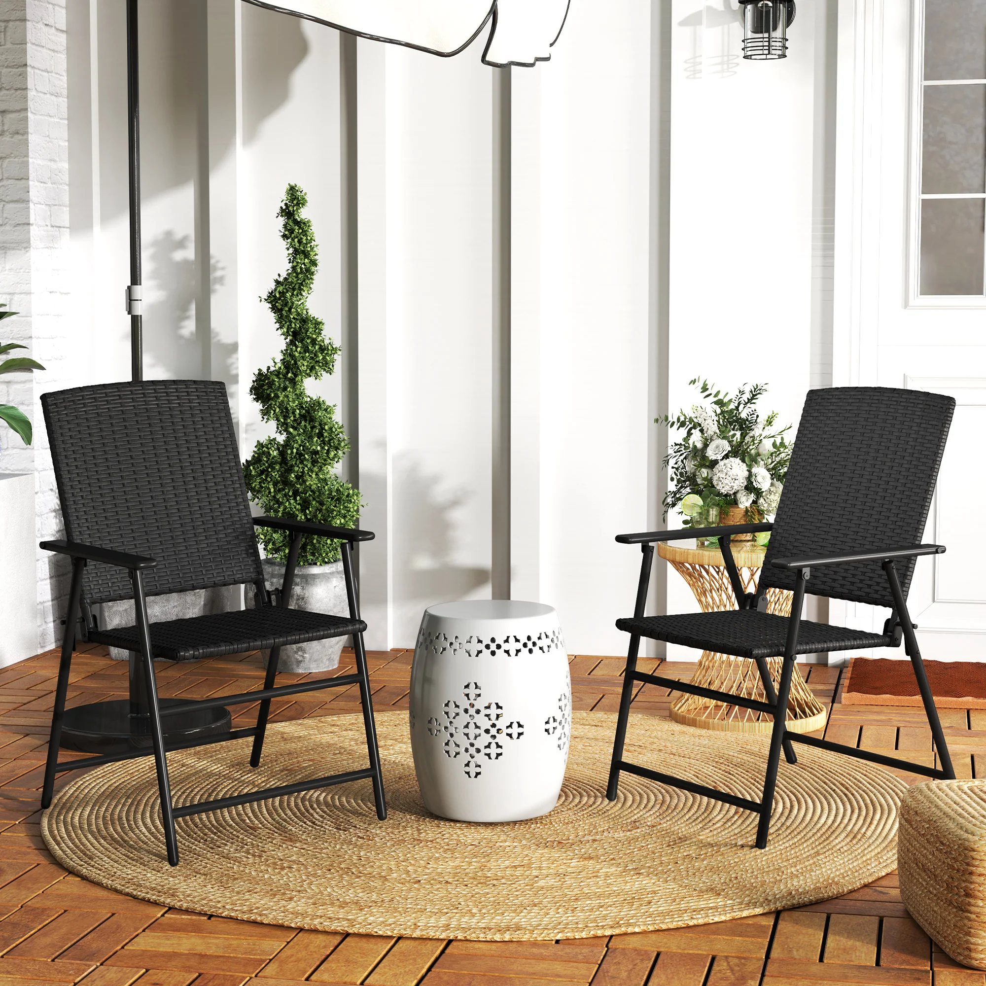 Set of 2 Folding Rattan Dining Chairs with Armrests, High Back and Steel Frame, Black - Image 3
