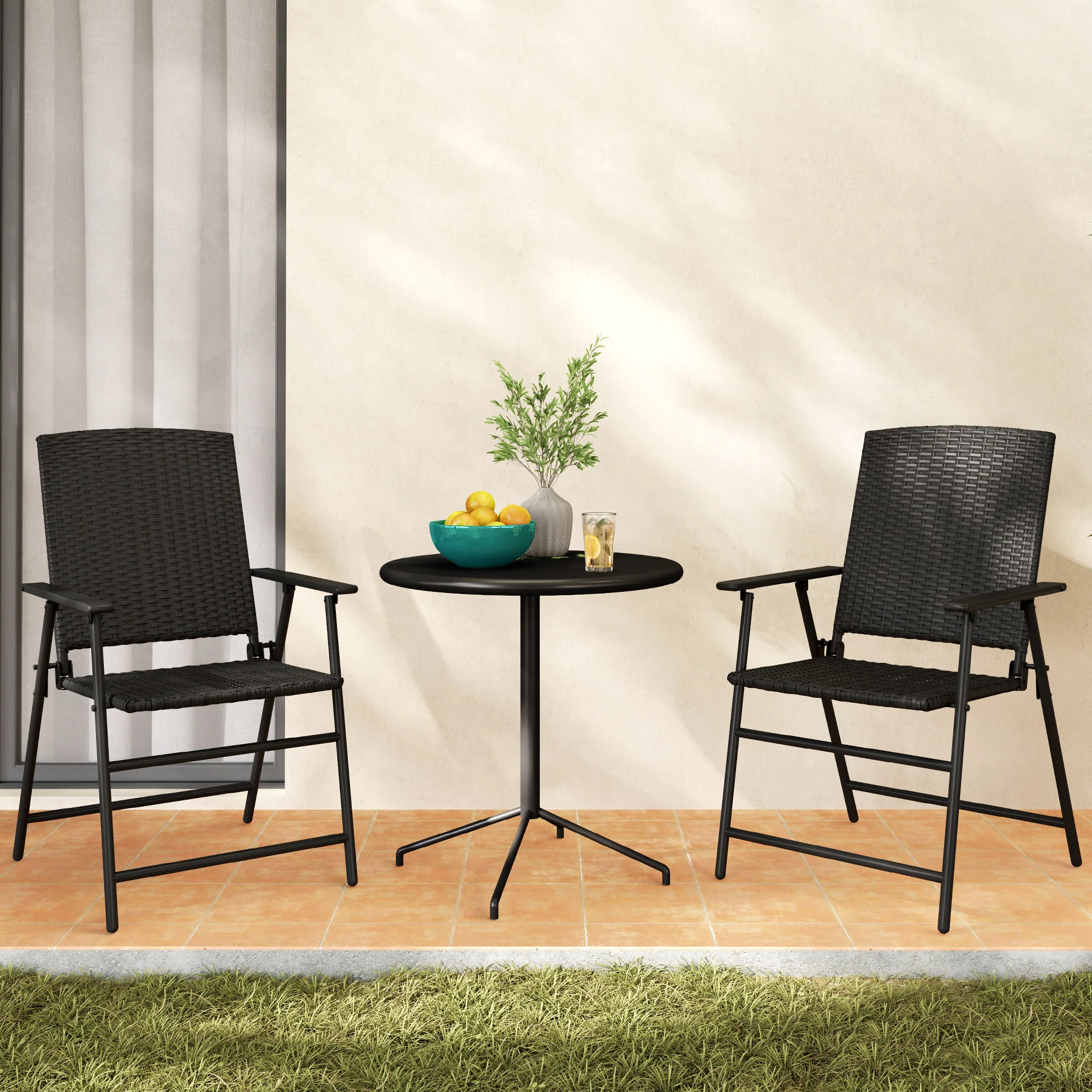 Set of 2 Folding Rattan Dining Chairs with Armrests, High Back and Steel Frame, Black - Image 4