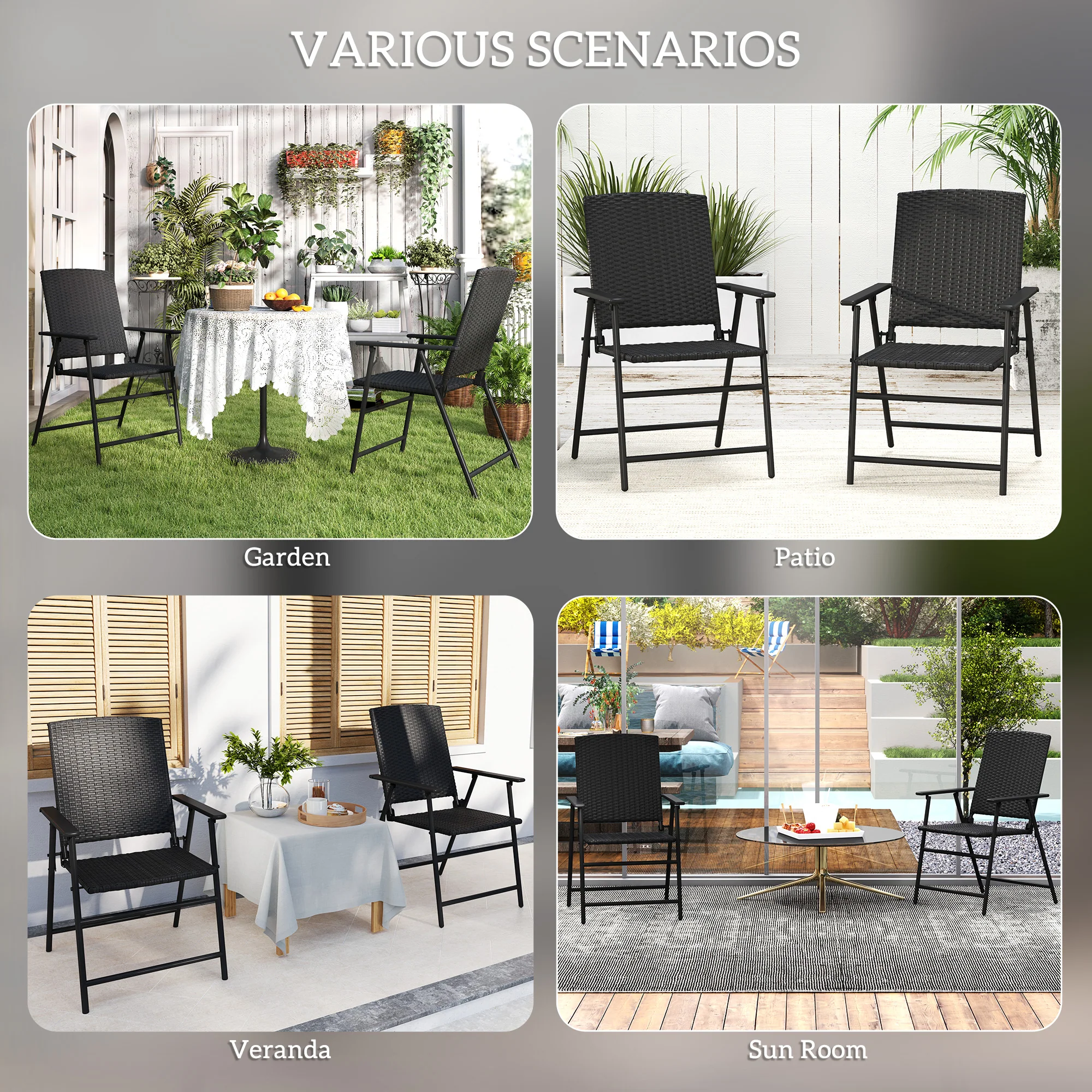 Set of 2 Folding Rattan Dining Chairs with Armrests, High Back and Steel Frame, Black - Image 9
