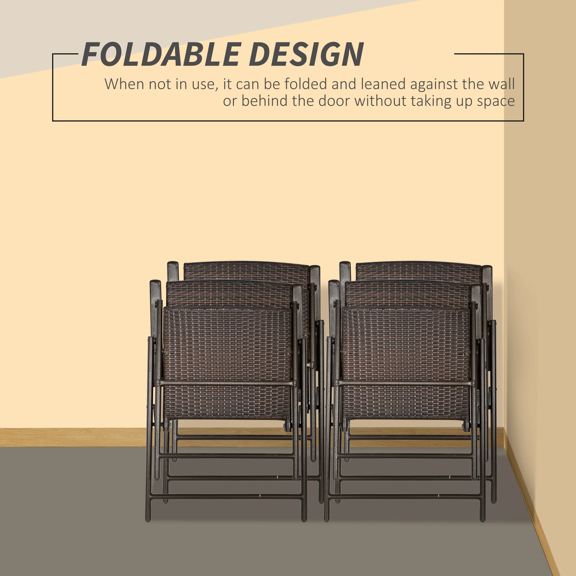 Set of 4 Folding Rattan Dining Chairs with Armrests, High Back and Steel Frame, Brown - Image 8