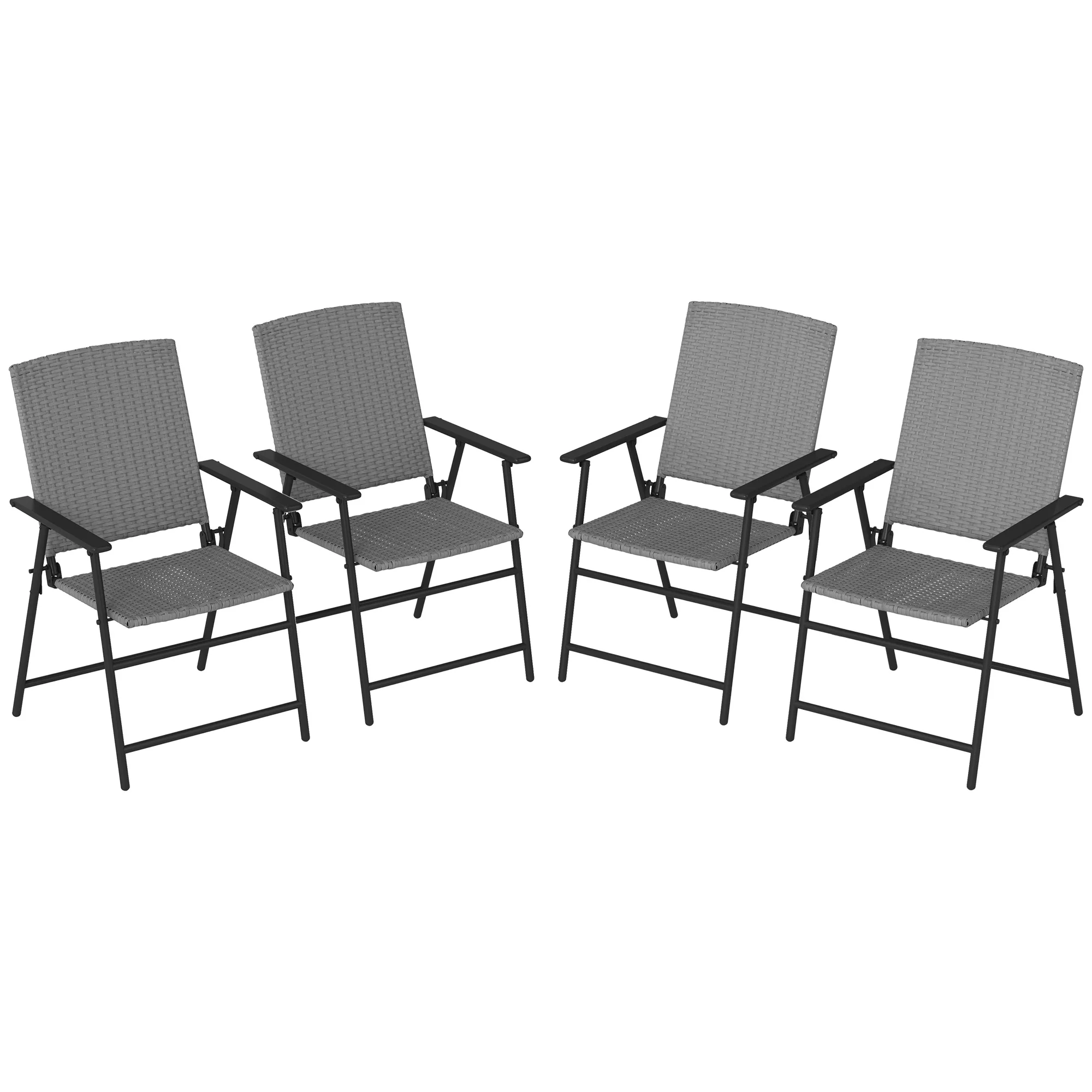 Set of 4 Folding Rattan Dining Chairs with Armrests, High Back and Steel Frame, Grey - Image 2