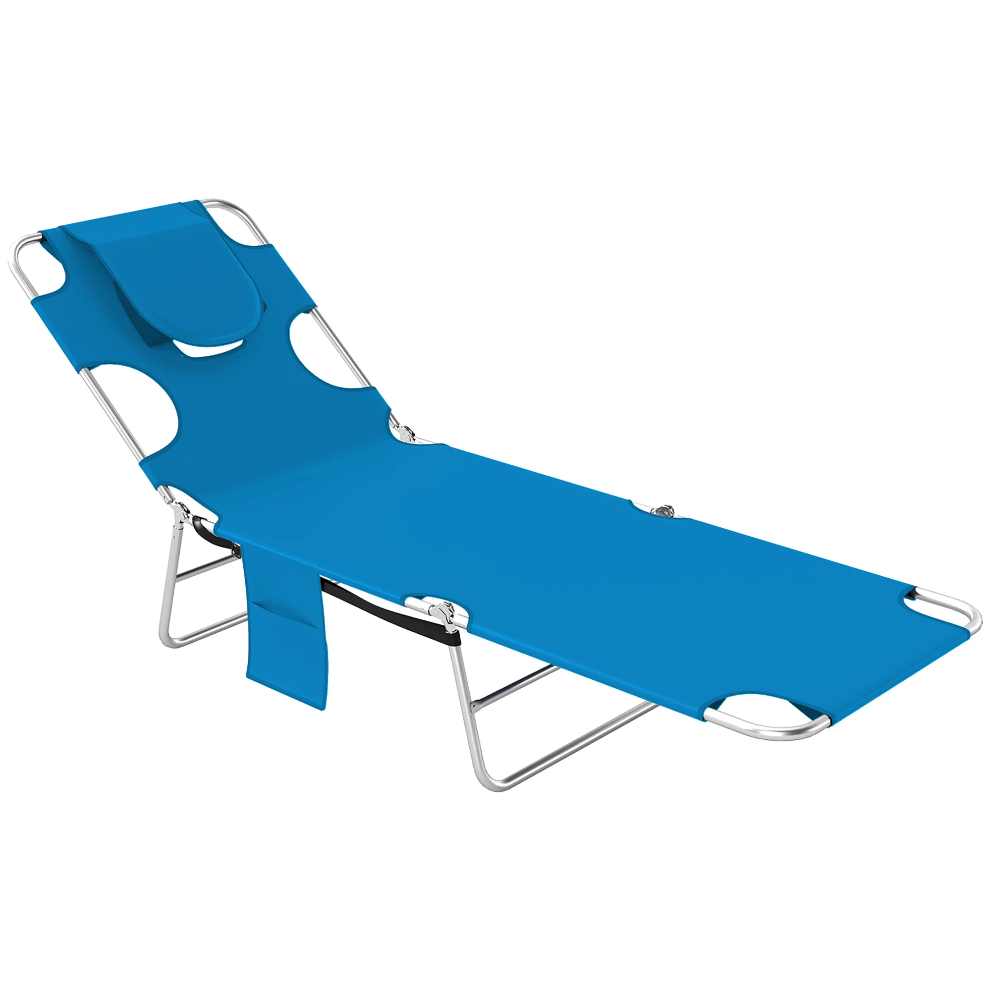 Folding Outdoor Lounge Chair, 5-Level Tanning Chair with Face Hole, Side Pocket, Carry Strap for Beach Pool, Blue