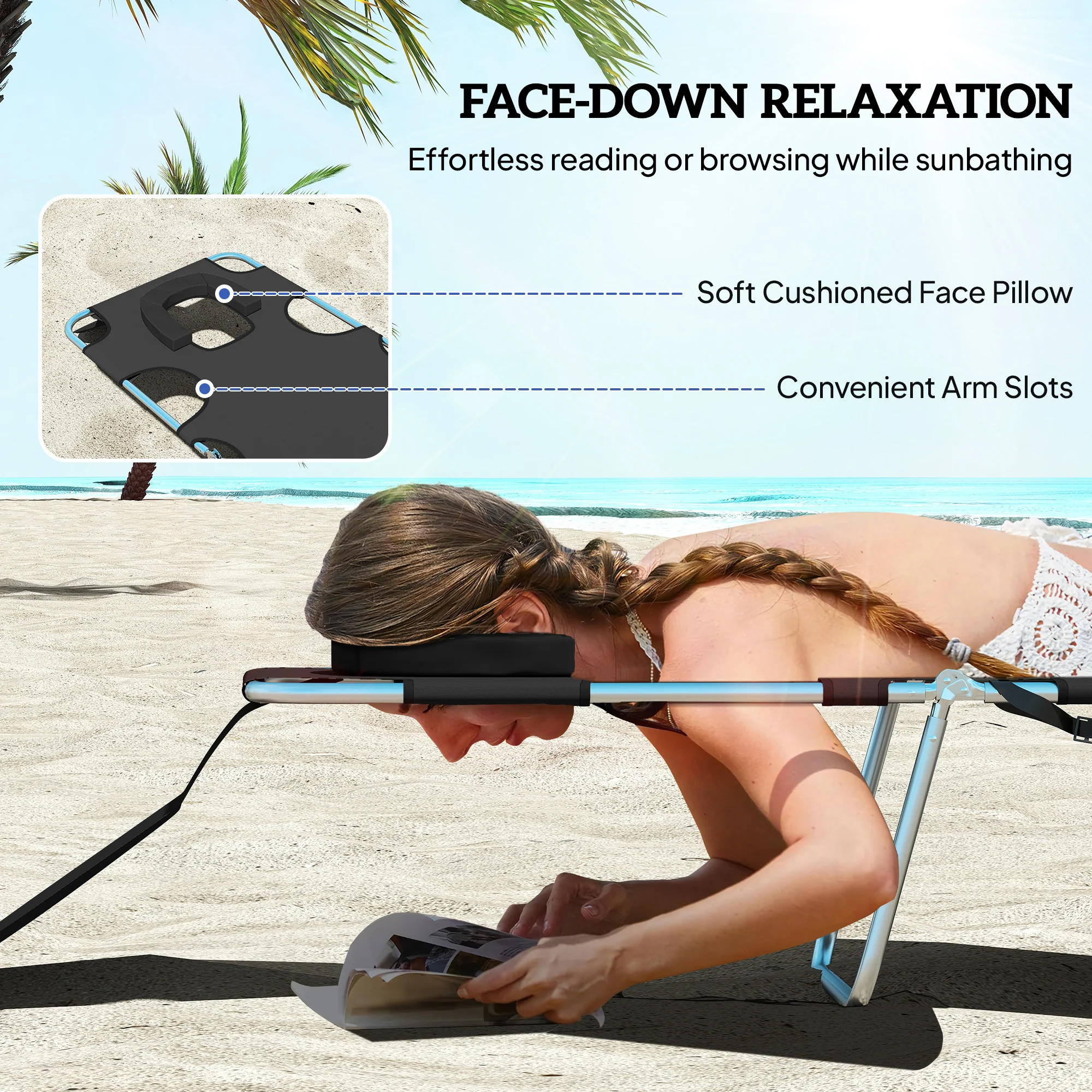 Folding Outdoor Lounge Chair, 5-Level Tanning Chair with Face Hole, Side Pocket, Carry Strap for Beach Pool, Black - Image 7