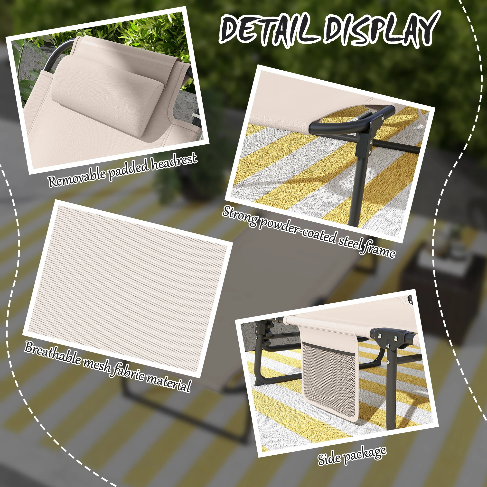 Folding Portable Lounge Chair with 4-level Reclining Back & Cushion for Garden, Beige - Image 8