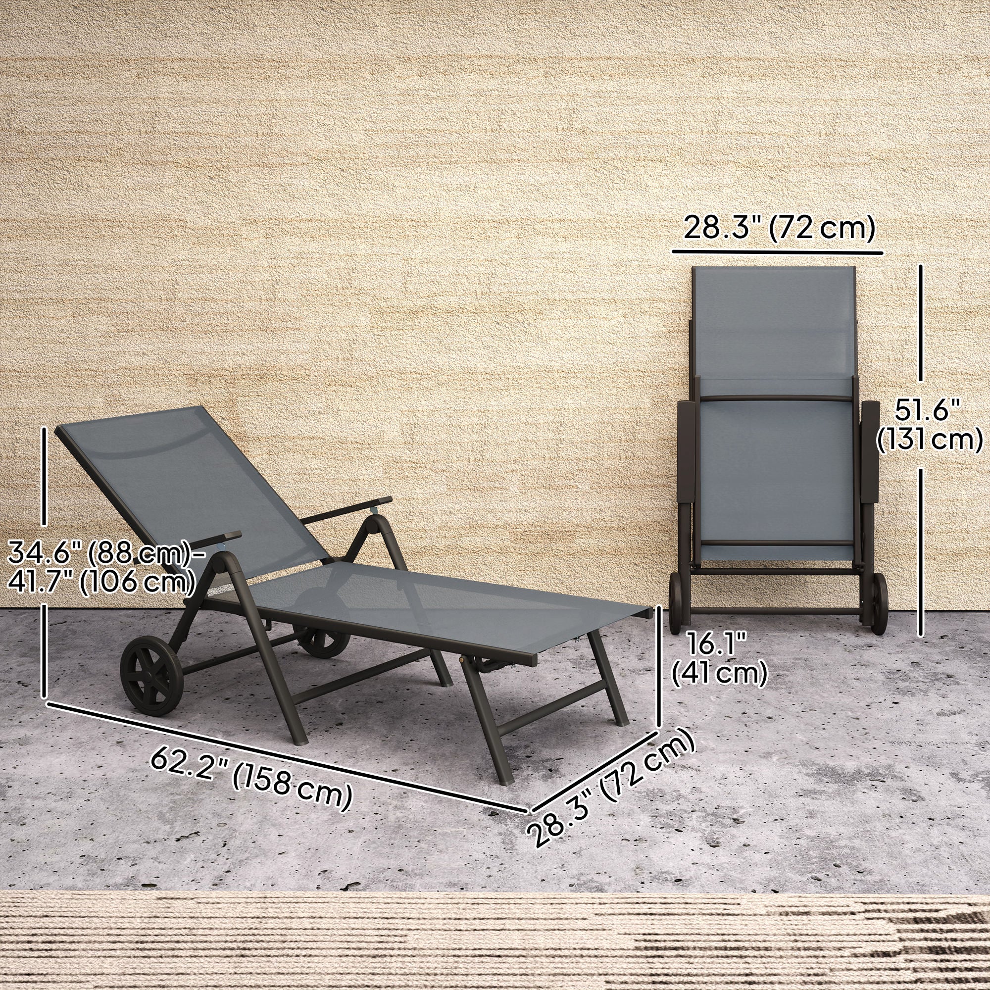 Outdoor 5-Level Adjustable Folding Chaise Chair with 2 Wheels for Backyard, Grey - Image 5