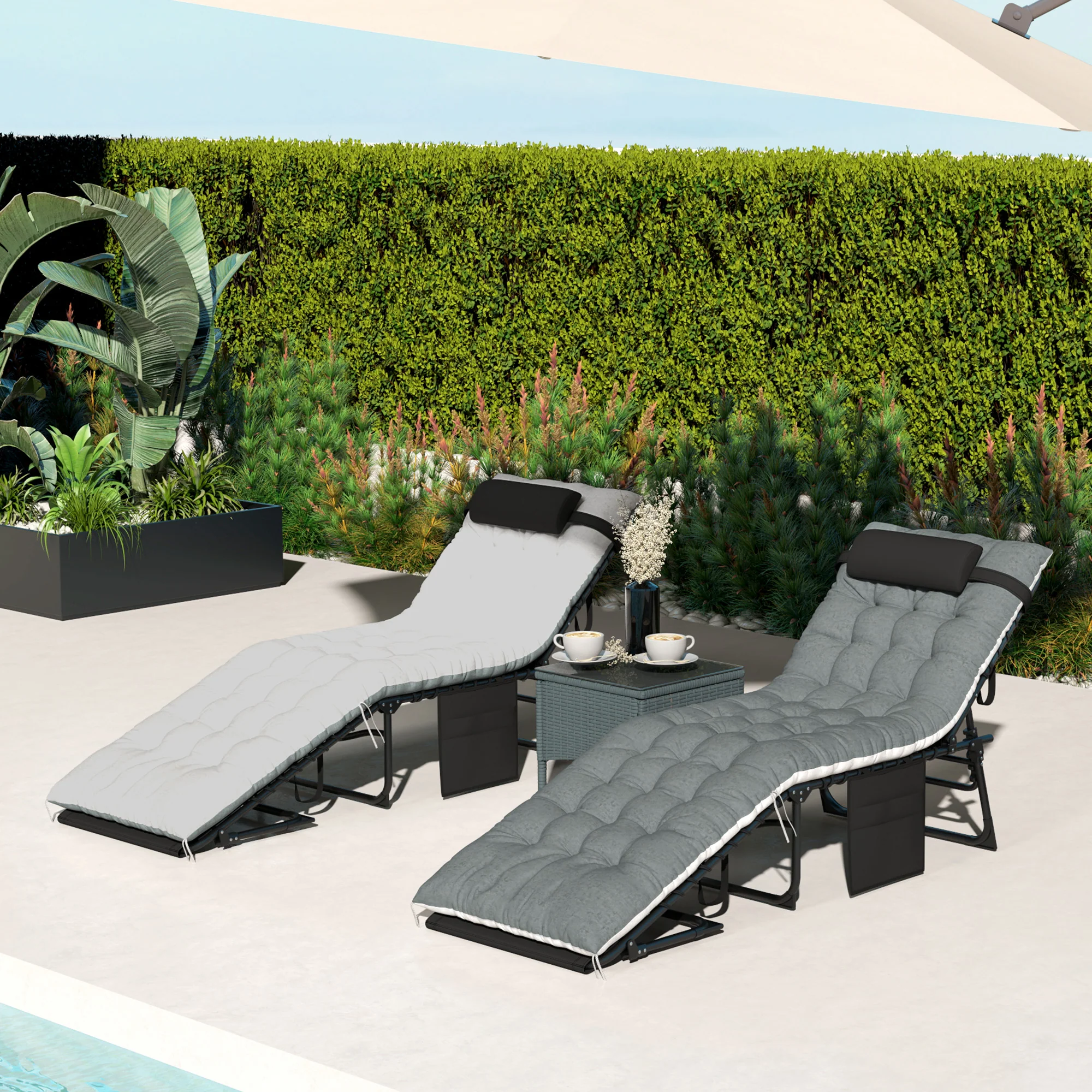 Outdoor Lounge Chair Set of 2, Folding Chaise Lounge Tanning Chair with Cushion, Side Pocket, Black/Grey - Image 10