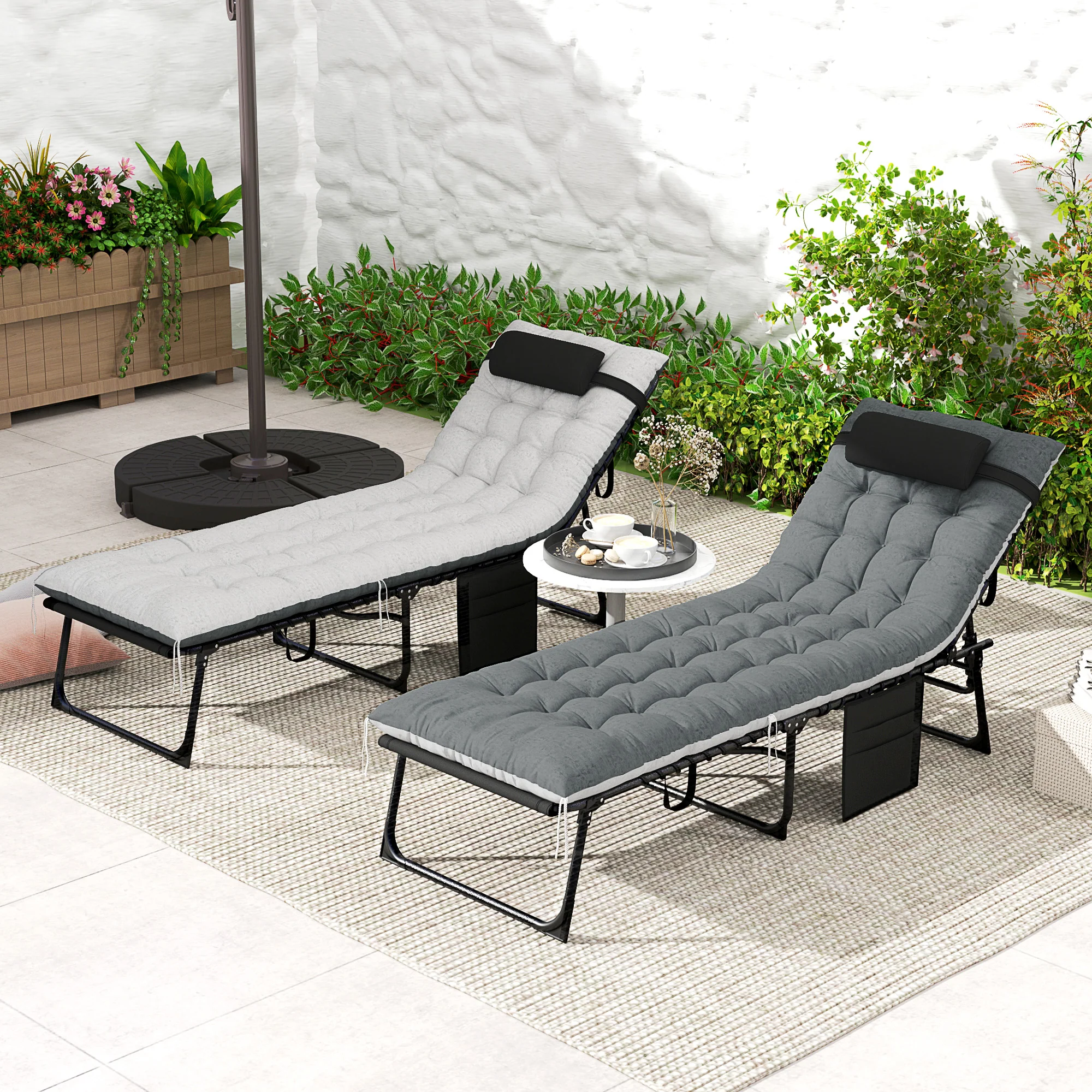 Outdoor Lounge Chair Set of 2, Folding Chaise Lounge Tanning Chair with Cushion, Side Pocket, Black/Grey - Image 4