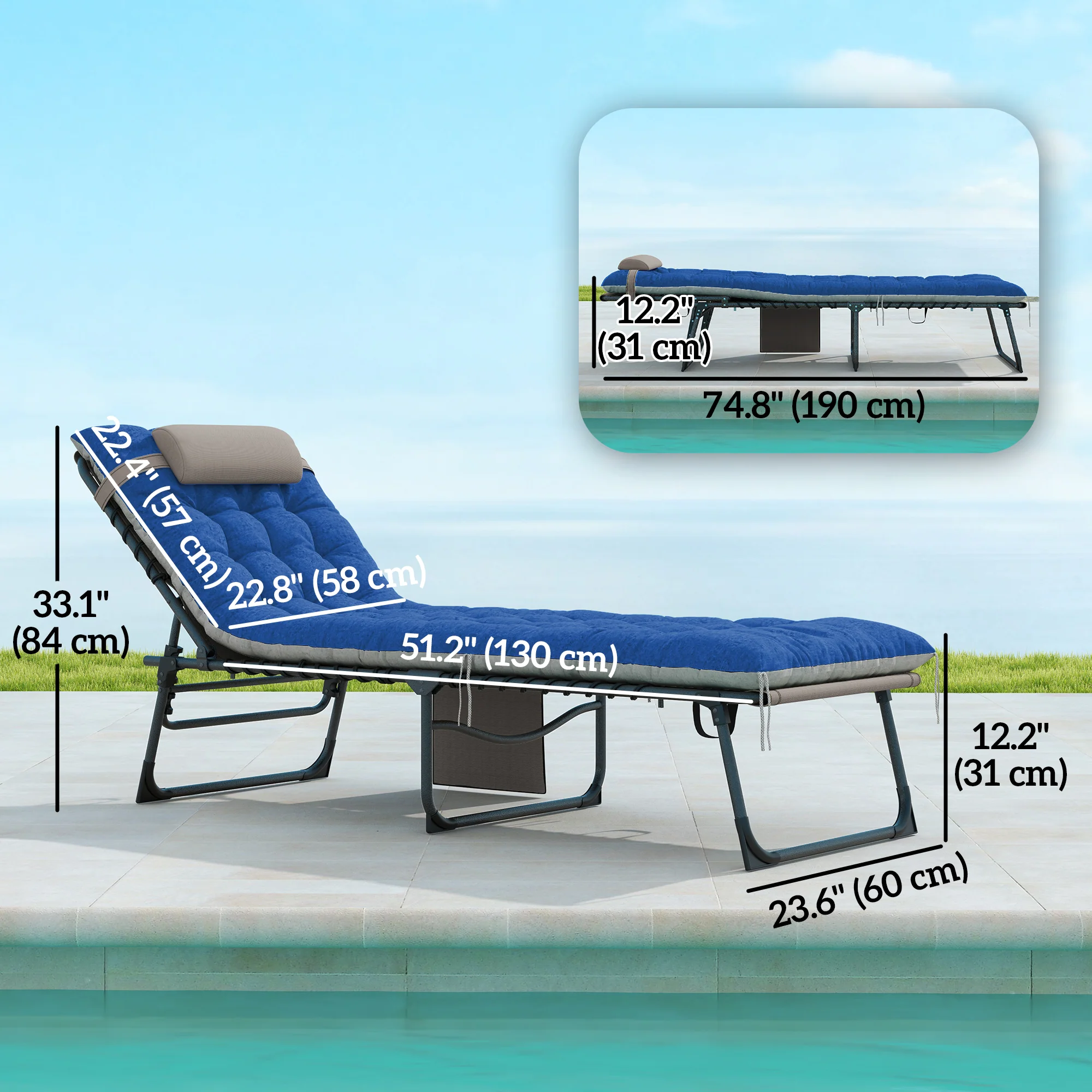 Outdoor Lounge Chair Set of 2, Folding Chaise Lounge Tanning Chair with Cushion, Side Pocket, Brown/Blue - Image 5